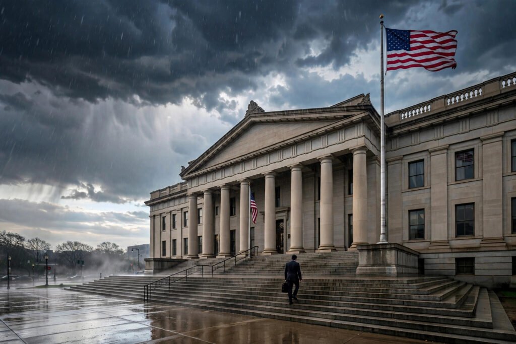 DOJ subpoenas Krasner — AI-generated photo of the Justice Department building