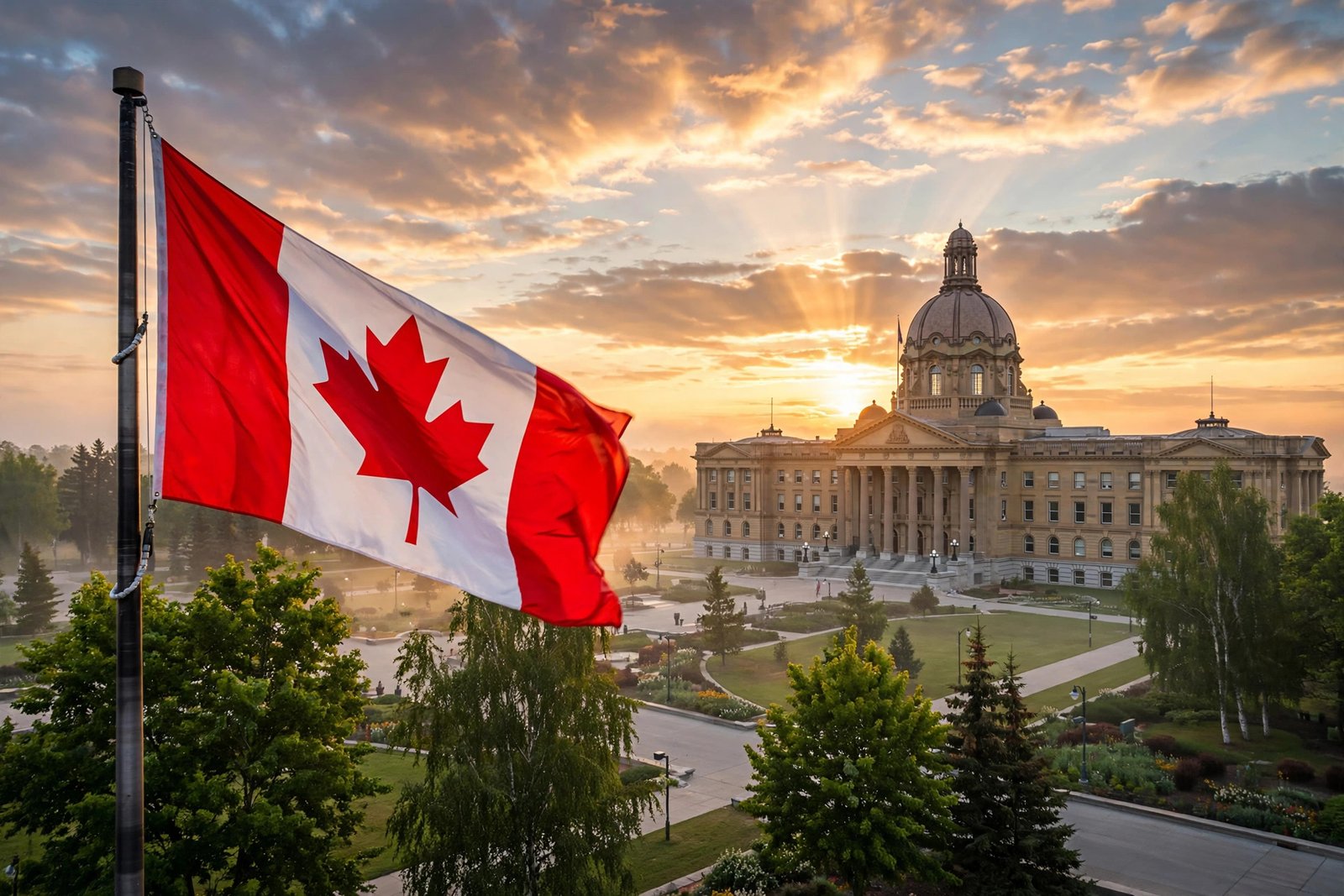Alberta referendum results — Canadian flag waving over the Alberta legislature in Edmonton at dawn after the 2026 unity vote