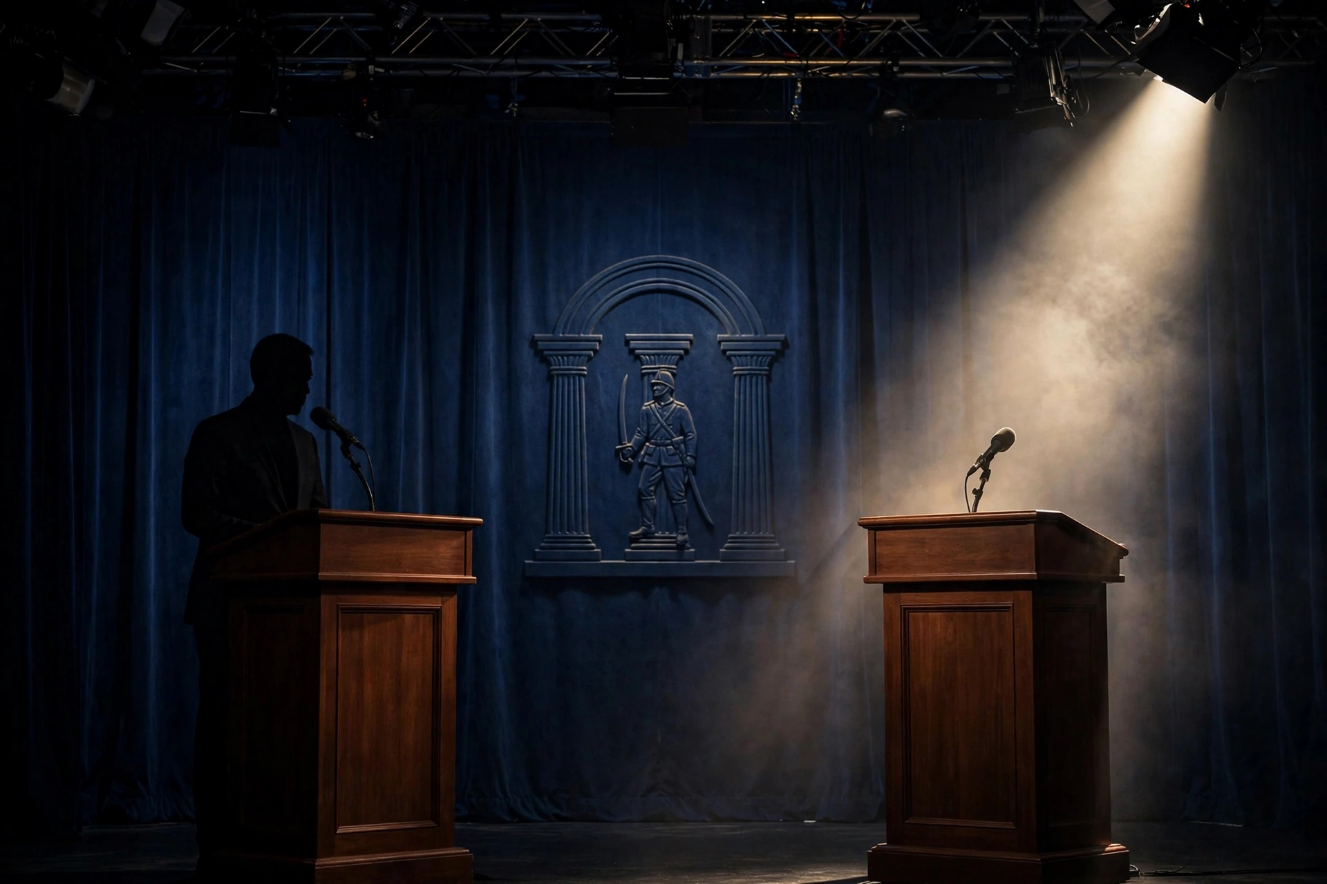 Keisha Lance Bottoms debate — empty podium beside occupied podium on debate stage, Atlanta Press Club Georgia governor debate