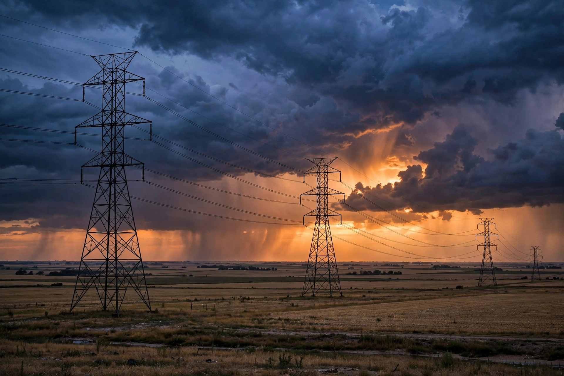 PJM power grid emergency — high-voltage transmission towers at dusk