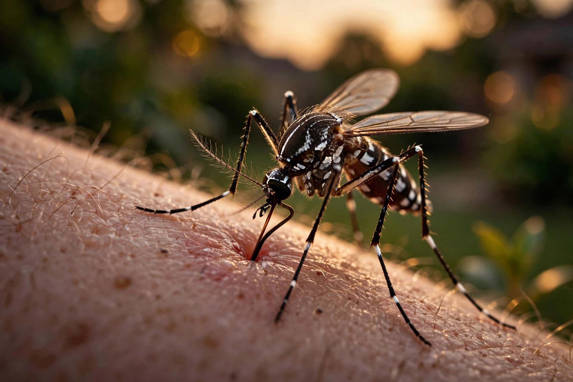 West Nile virus North Carolina deaths: close-up of mosquito biting human skin at dusk