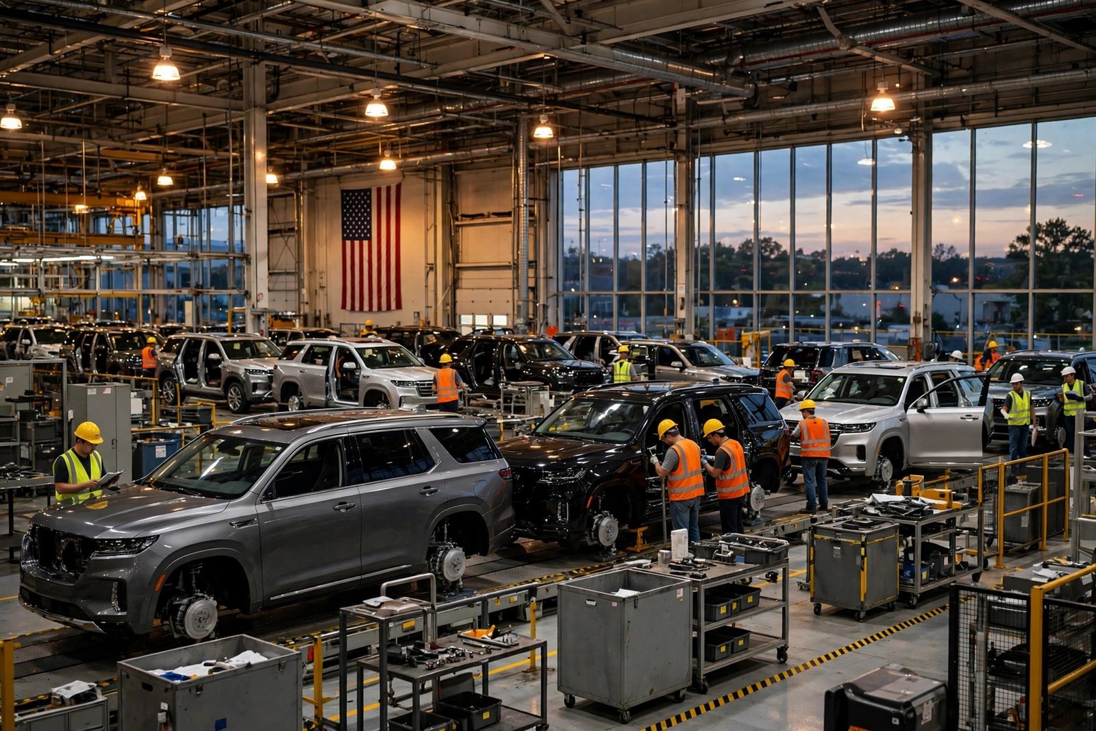 Audi Georgia plant — AI-generated news photo of a modern SUV assembly plant in Georgia at dusk with American flag and workers