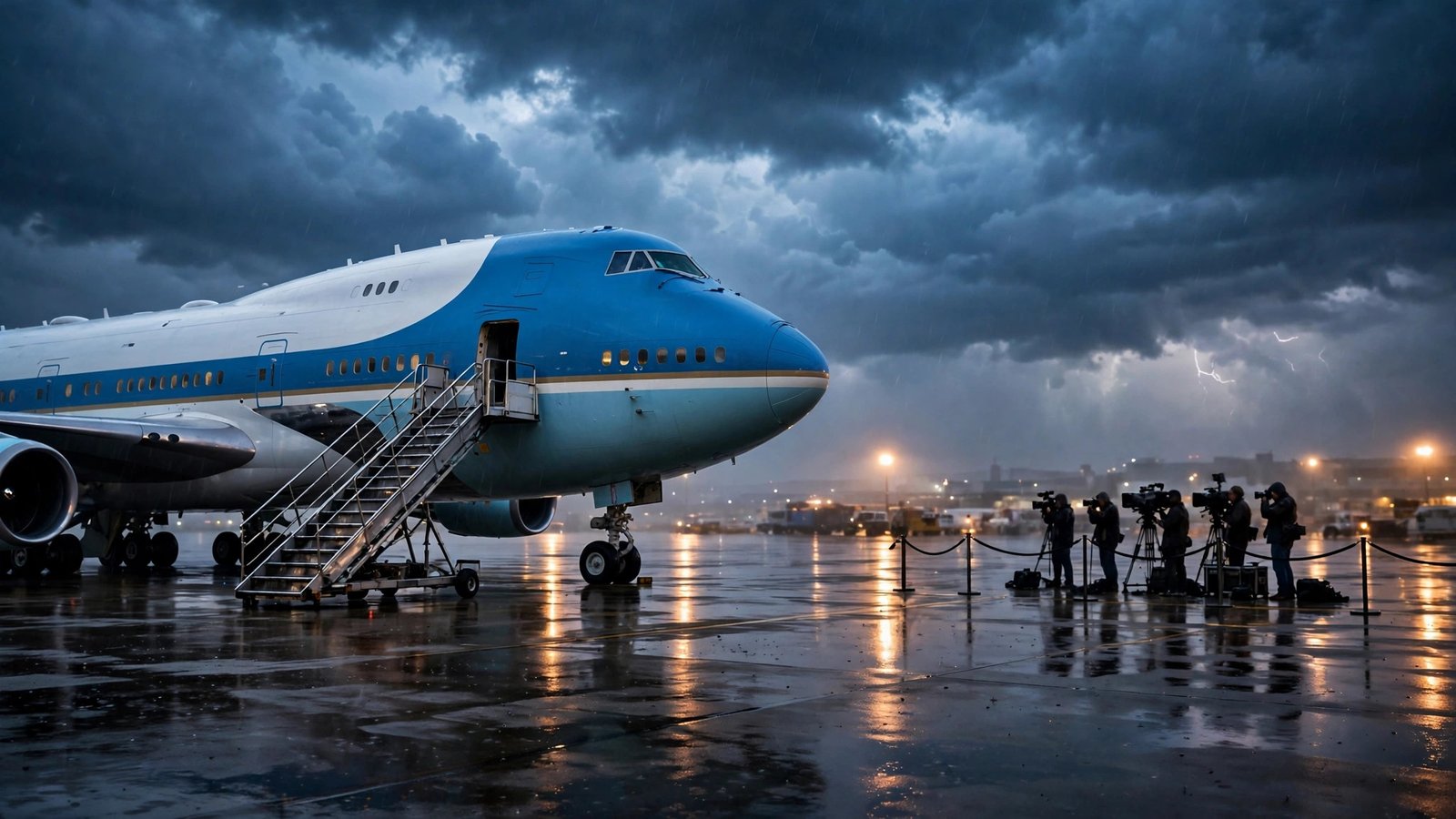 CNN Air Force One press access — AI-generated photo of Air Force One on a tarmac with TV press crews behind a barrier