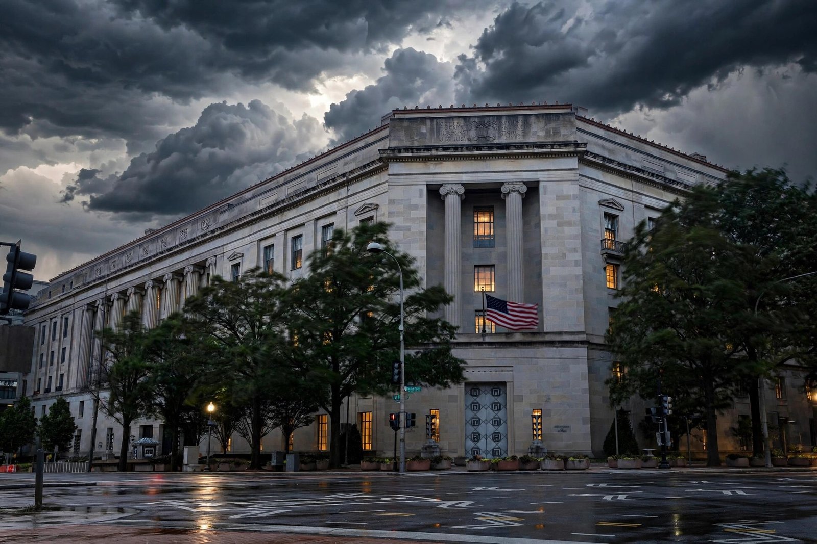 Corey Lewandowski criminal investigation — AI-generated news photo of the U.S. Department of Justice building at dusk