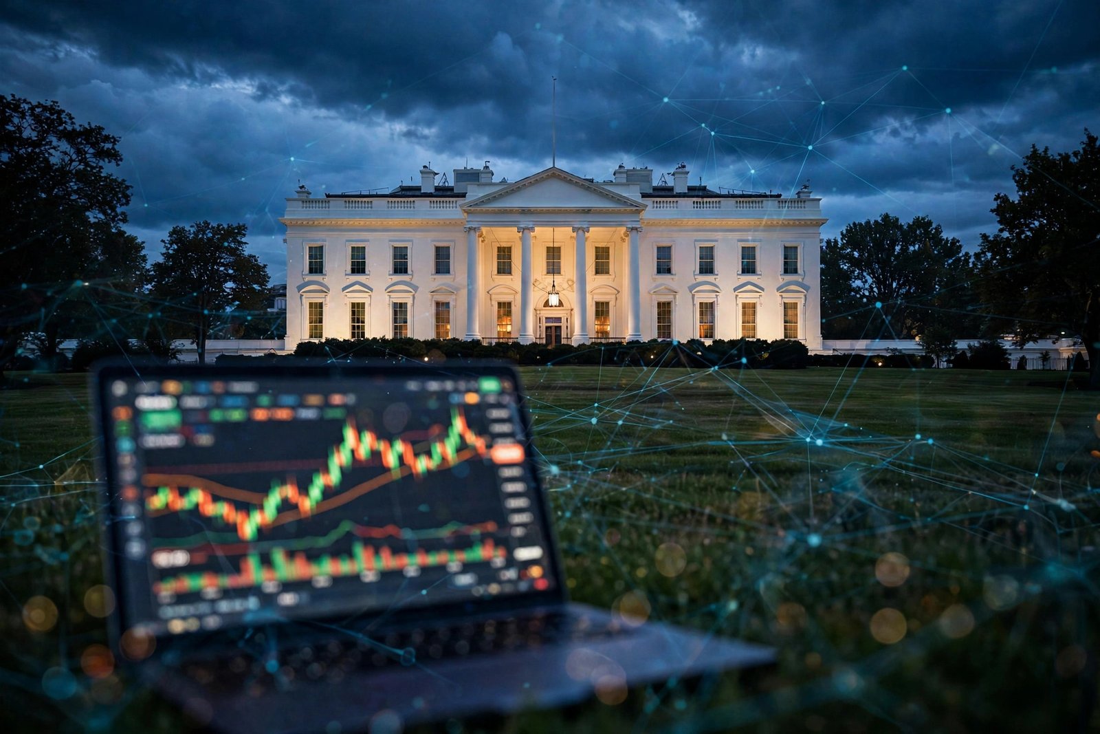 Trump crypto scam crackdown — AI-generated photo of the White House with a laptop showing cryptocurrency charts and digital fraud network graphics