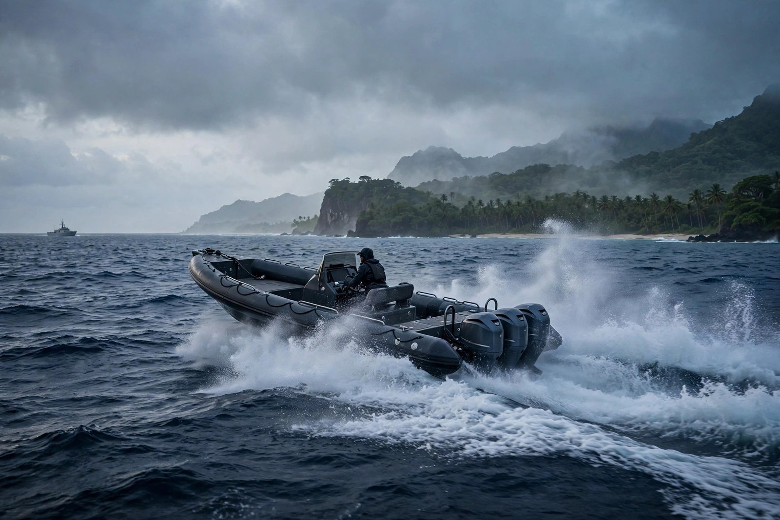 AI-generated news photo of a speedboat approaching a tropical island coast at dawn, illustrating the Cuba speedboat raid story