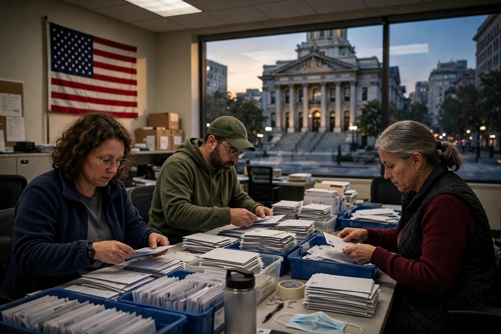 DOJ California noncitizen ballots — AI-generated news photo of a California county elections office at dusk with workers sorting mail ballot envelopes