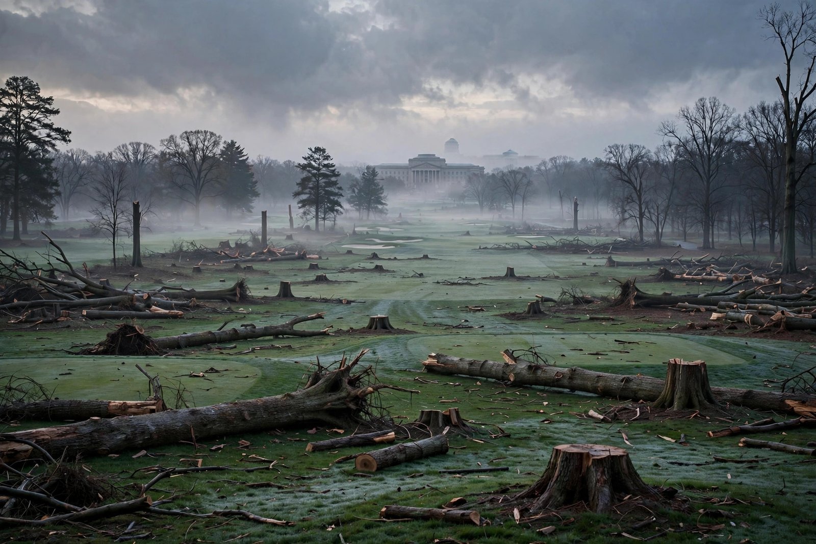 East Potomac golf course at dawn with felled trees after the tree-cutting operation