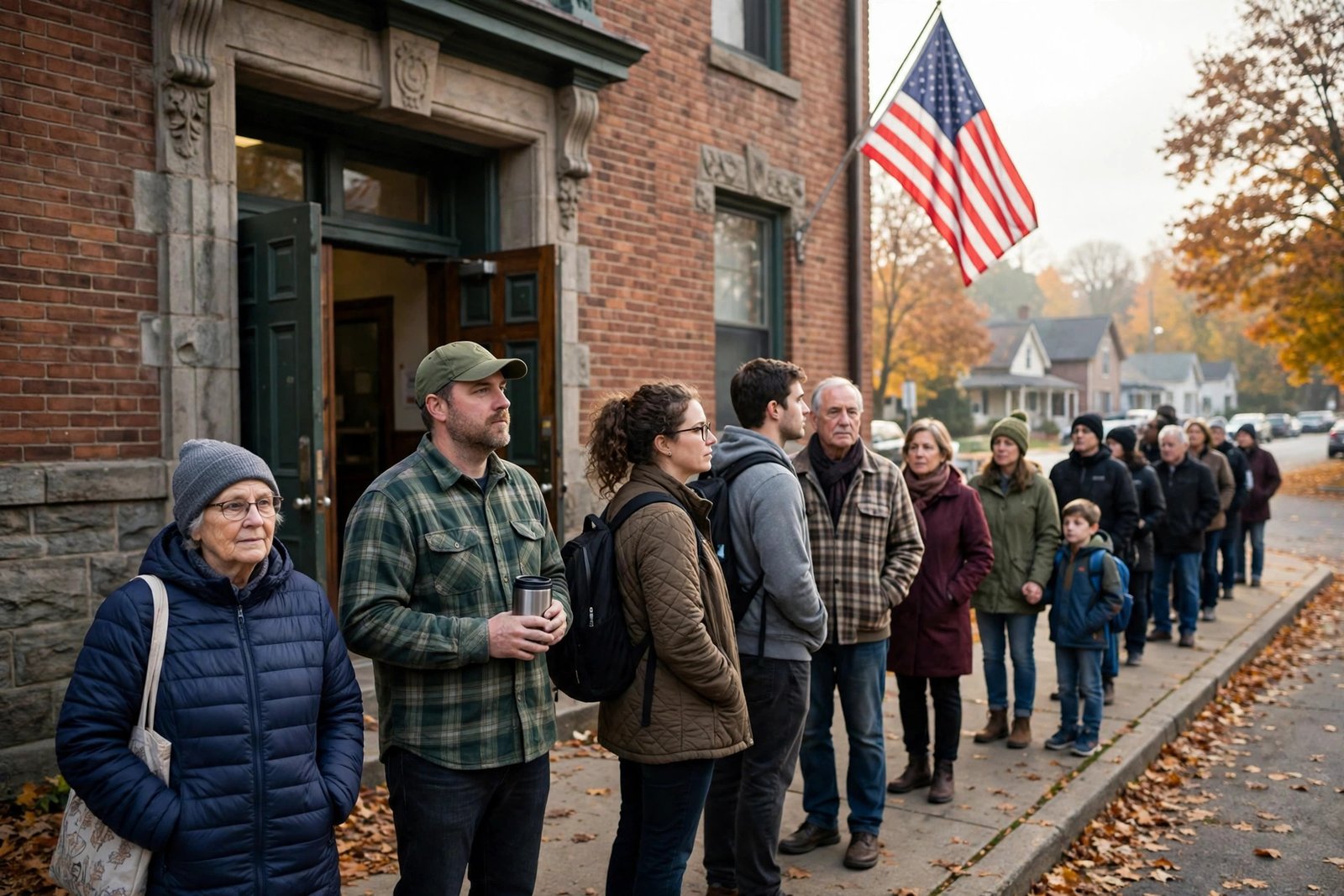Where is my polling place — AI-generated news photo of voters lined up outside a polling station with an American flag on Election Day morning