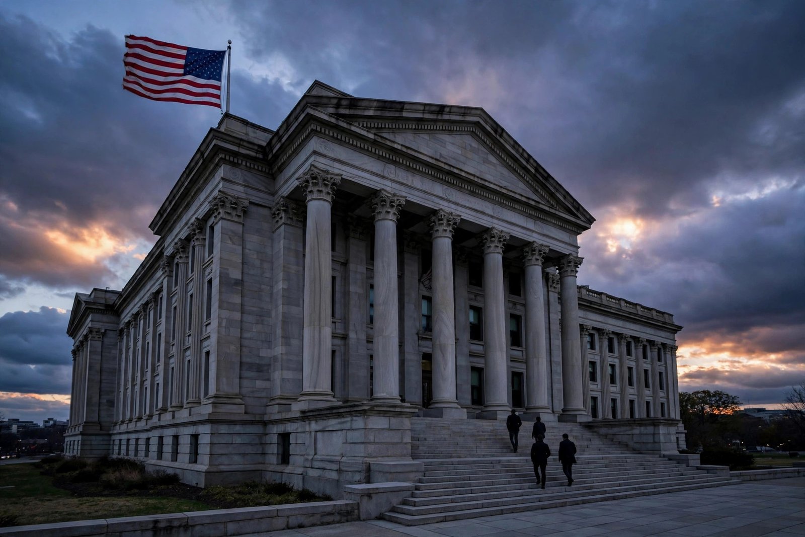 Fifth Circuit bond hearings — AI-generated news photo of a federal courthouse at dusk with an American flag