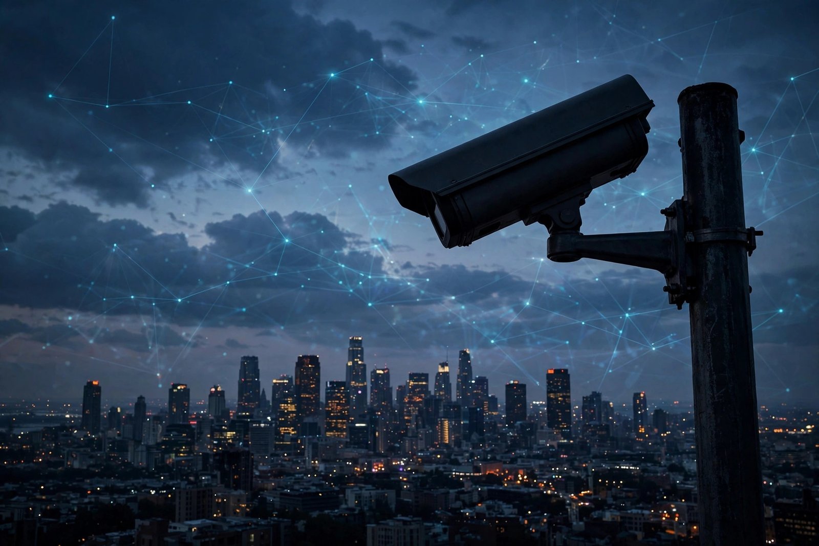 AI-generated illustration of a surveillance camera over a city skyline at dusk representing the ICE ERO ONE domestic surveillance program