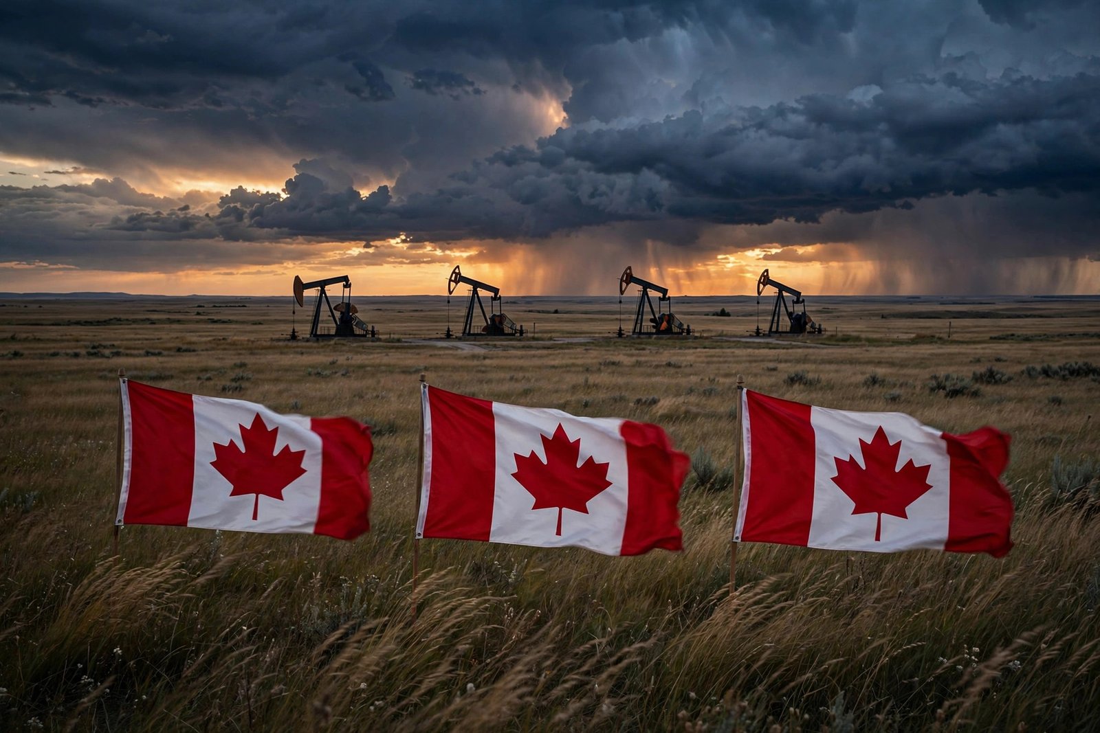 Alberta referendum 2026: oil pumpjacks on the Alberta prairie under a stormy sky with Canadian flags, as PM Mark Carney warns the US is trying to break Canada ahead of Monday's separation vote
