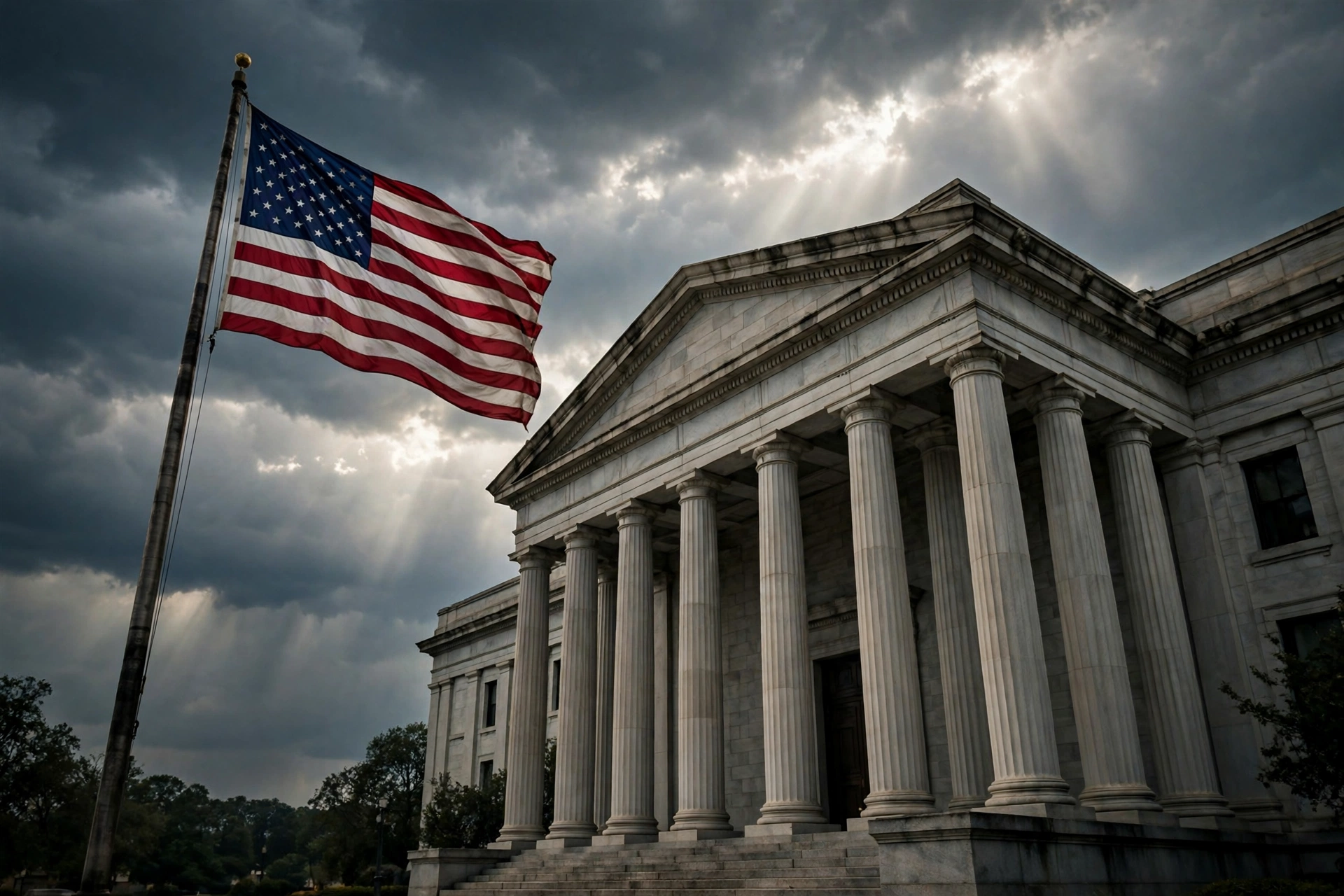 DOJ's largest denaturalization effort: American flag at a federal courthouse