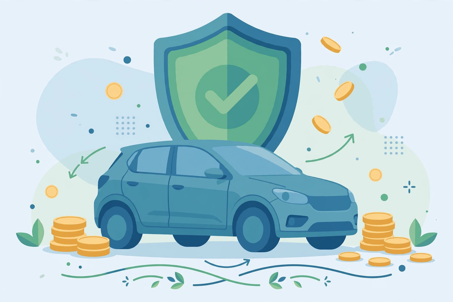 Car with insurance protection shield and savings coins to save money on car insurance