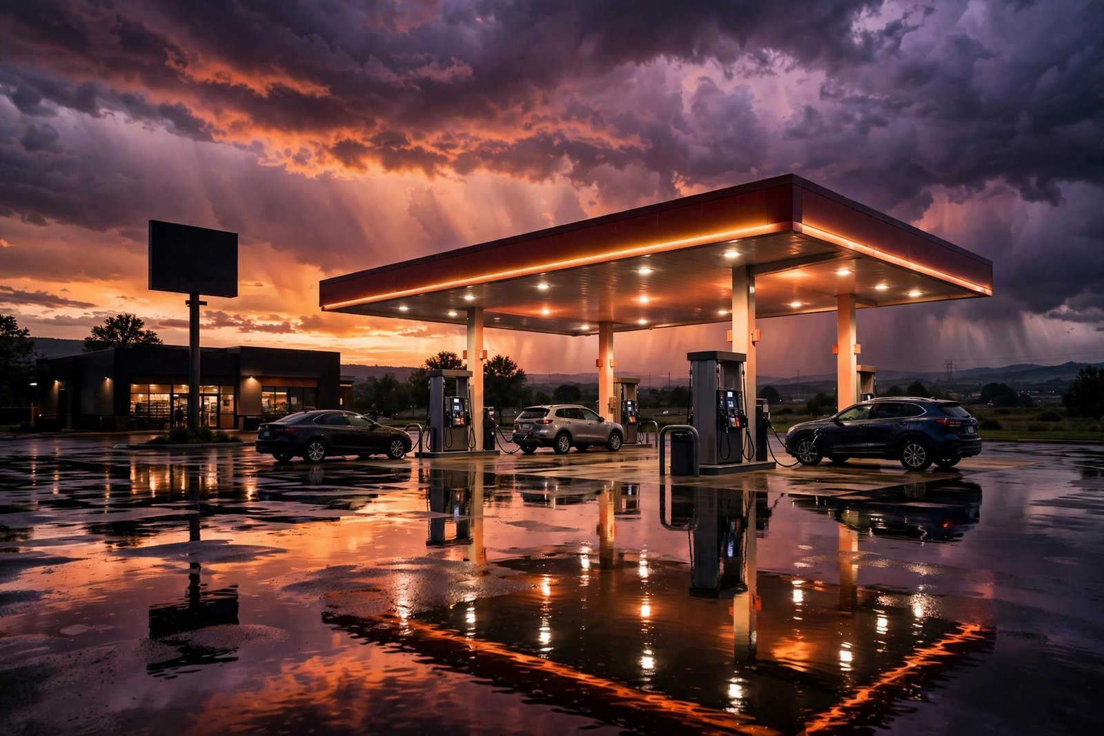 Gas station price sign at dusk during US inflation September 2026 surge ahead of midterms