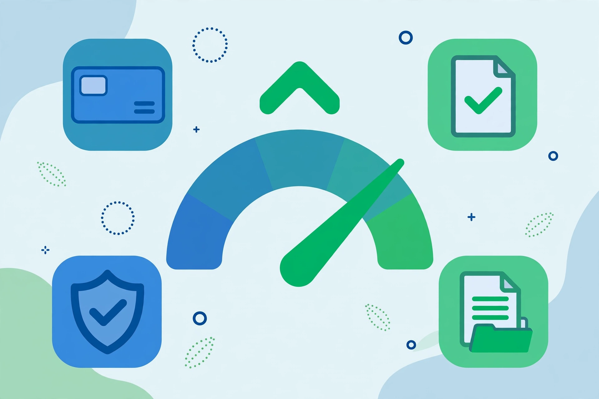 Credit score gauge with financial icons — improve credit score
