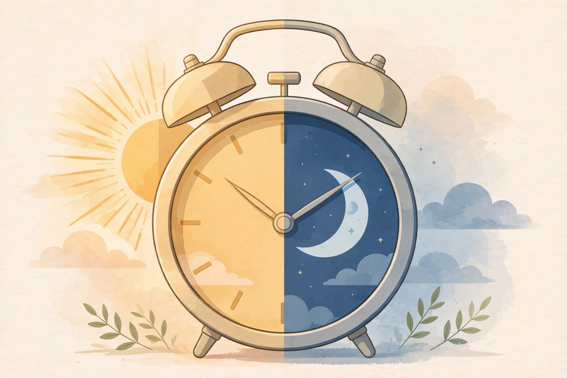 Alarm clock split between sun and moon — daylight saving time 2026