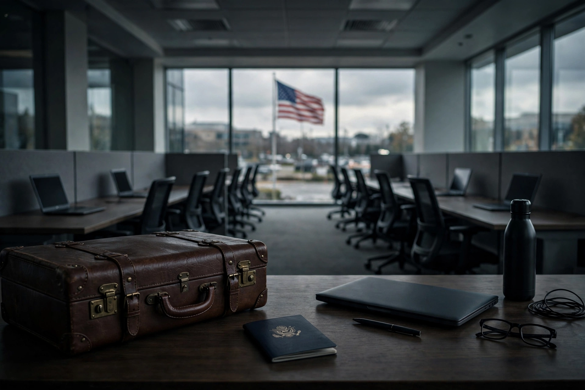 H-1B visa crackdown: American office desk with suitcase and passport
