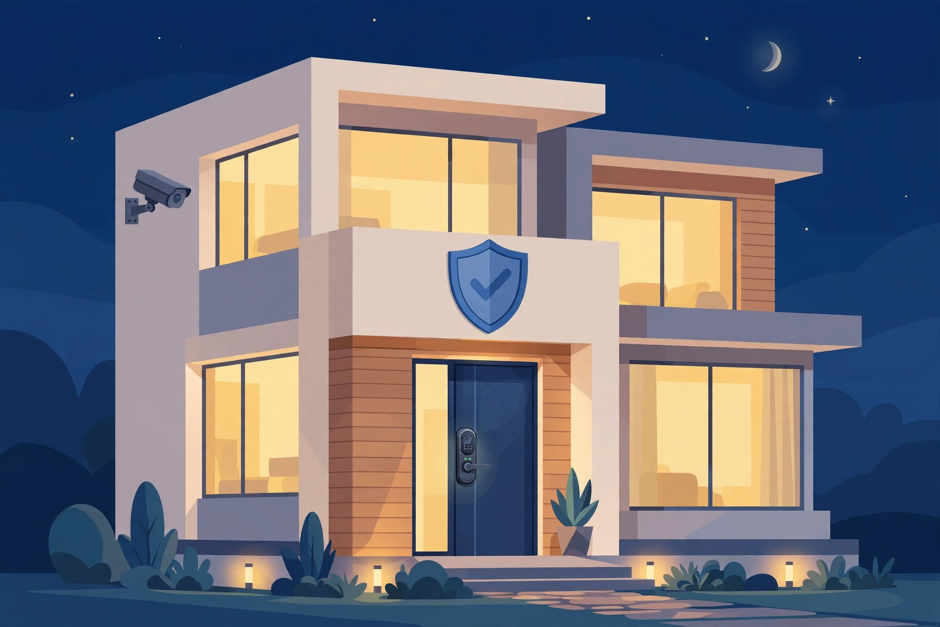 Modern home with security cameras and smart locks illustrating home security tips