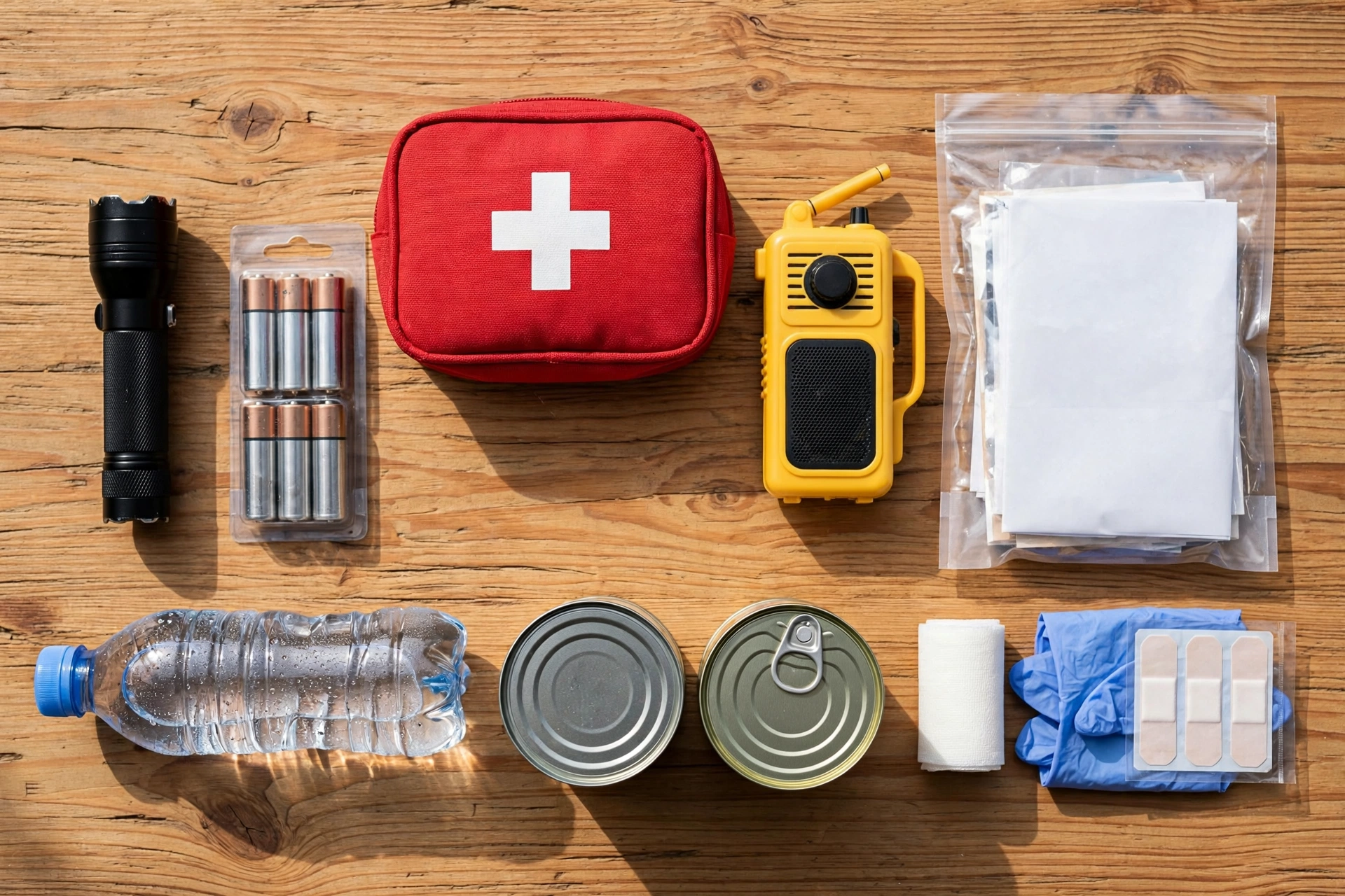 Hurricane preparedness emergency kit and supplies for storm safety