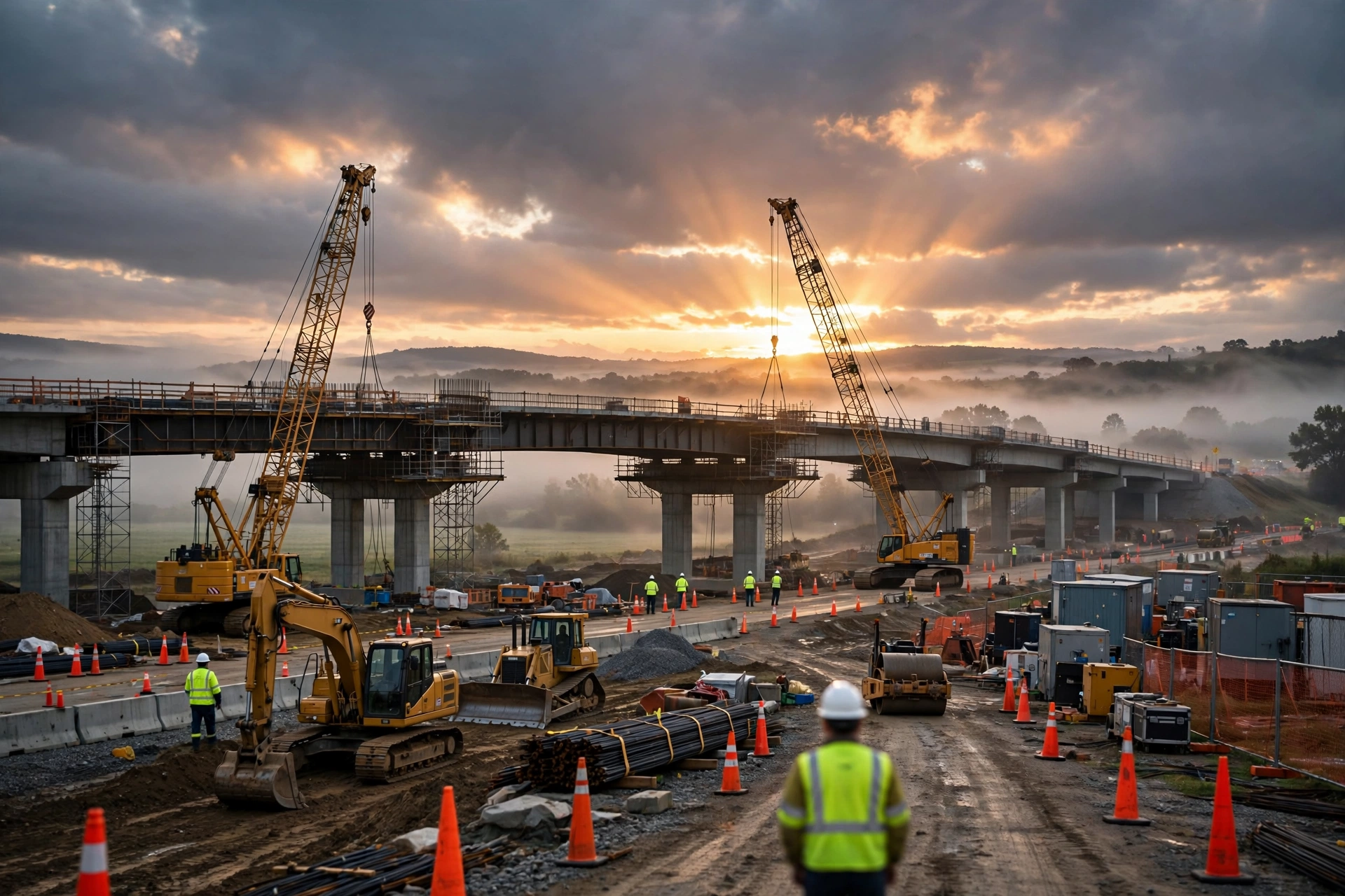 Bridge and road construction at sunset — US infrastructure 2026