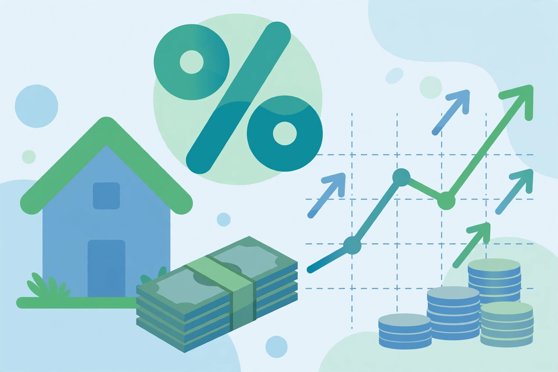 House, percentage sign and upward charts illustrating interest rates 2026