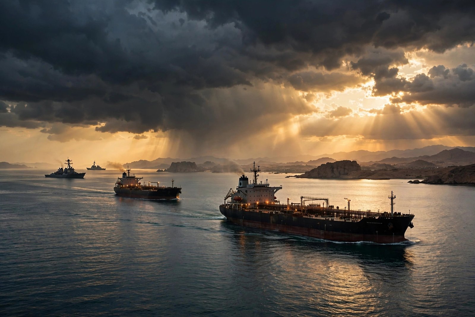 Trump Iran deal signing — oil tankers move through the Strait of Hormuz at dusk as Trump announces Sunday deal signing