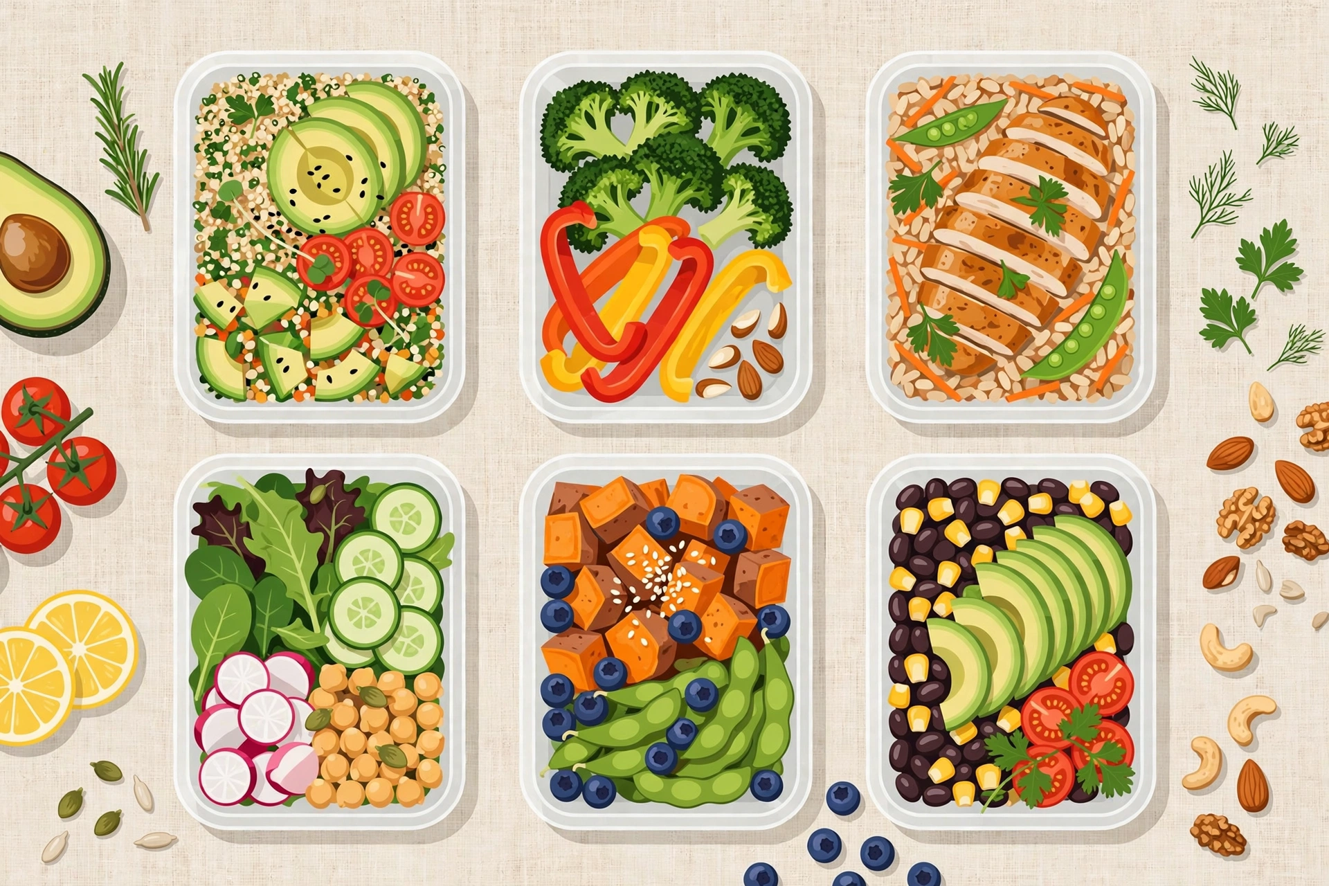 Glass meal prep containers with healthy meals — meal prep for beginners
