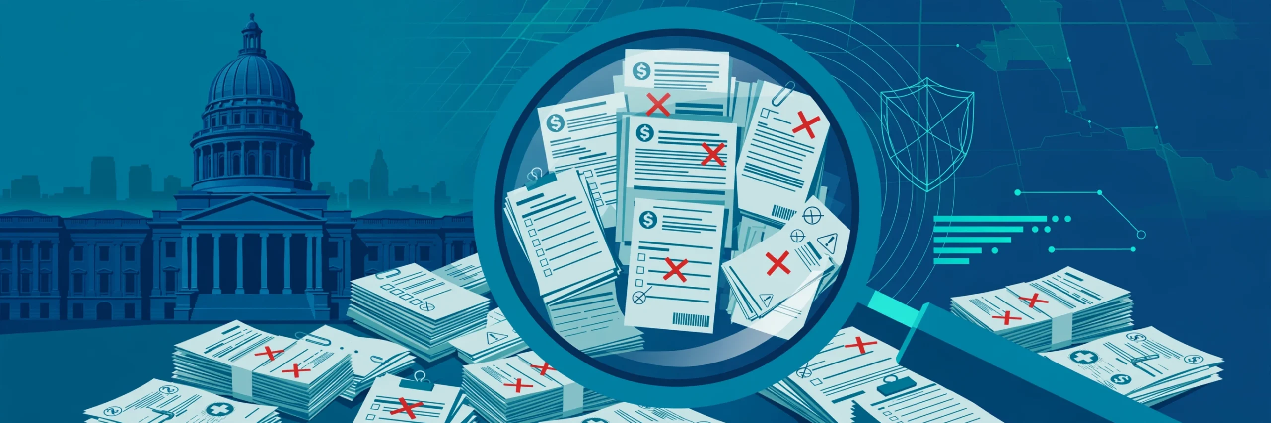 Medicaid fraud crackdown 2026: magnifying glass examining Florida Medicaid billing documents for fraud