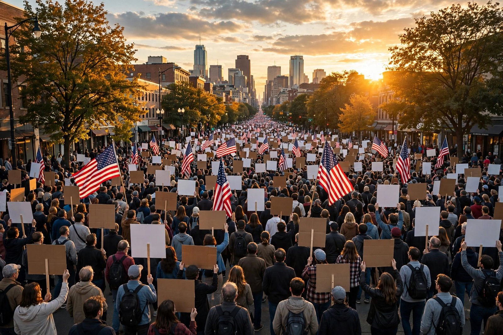 No Kings protest 2026 marchers with American flags during nationwide Vote Early rallies