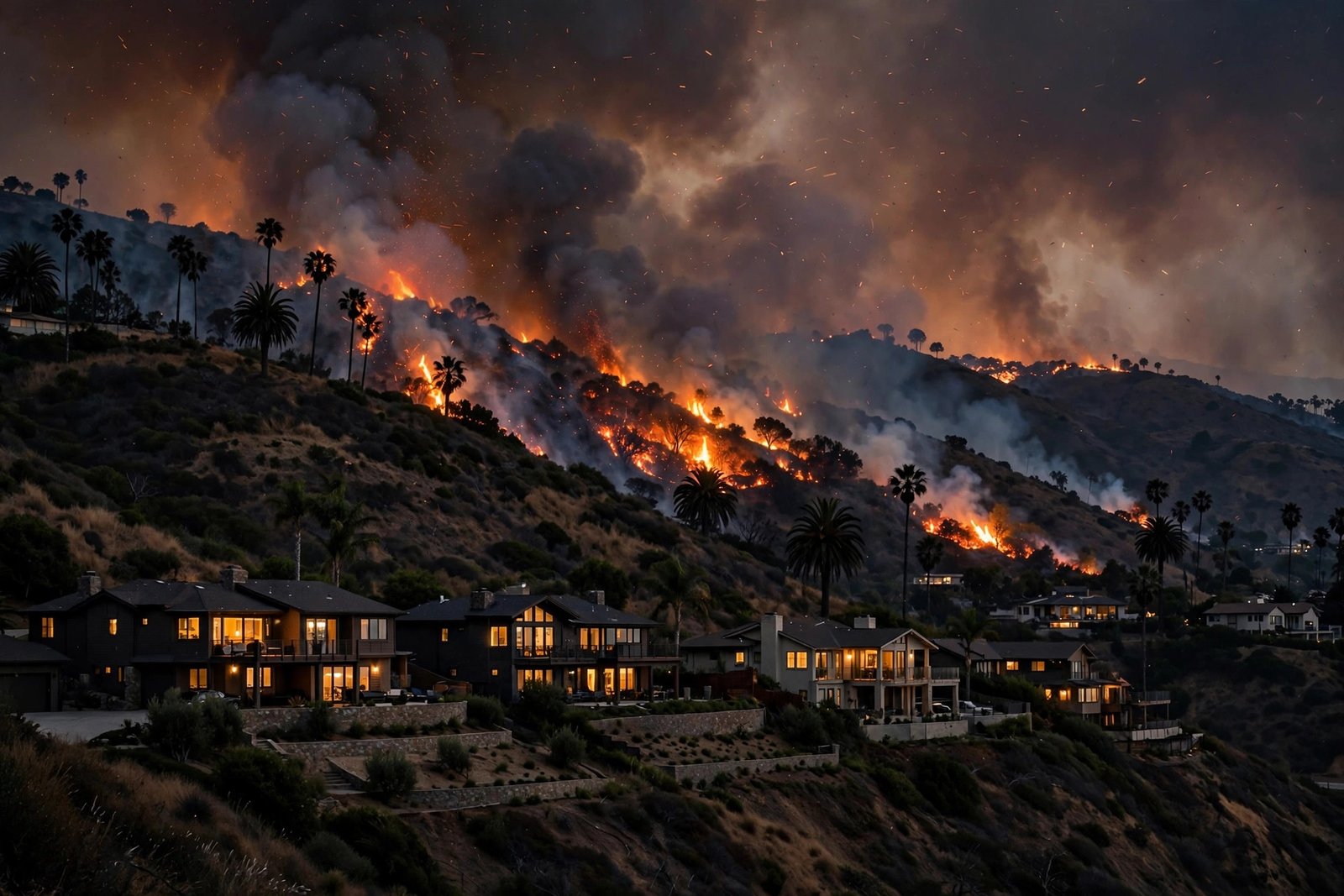 Norte Fire wildfire burning through Orange County hillside homes in San Clemente California with thick smoke.