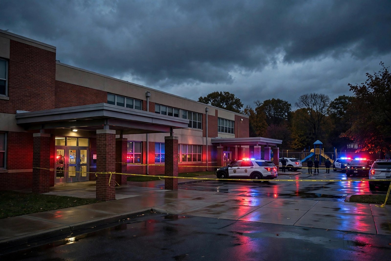 Police lights outside Silver Rail Elementary in Bend after the Oregon school shooting on October 15 2026