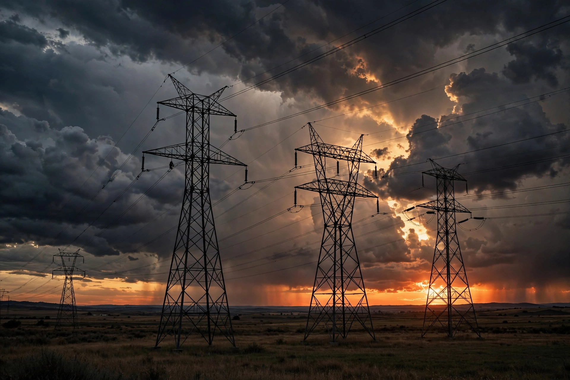 Power lines and transmission tower at dusk — US power grid outages