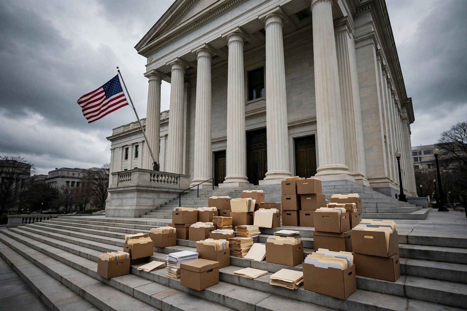 Presidential Records Act hearing — boxes of White House records on courthouse steps before the DC appeals court