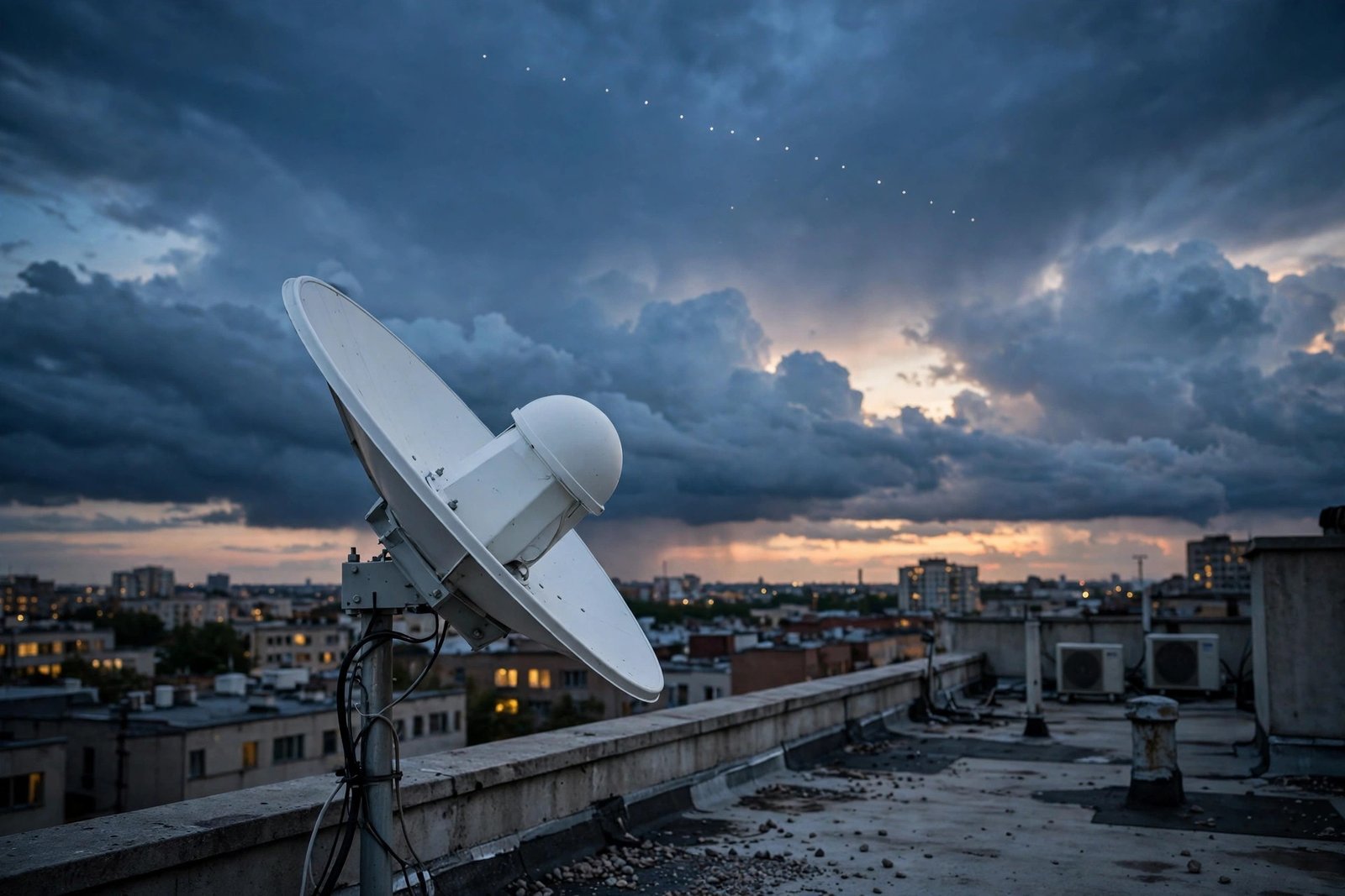 Rubio Starlink Ukraine Musk decision — satellite internet terminal at dusk