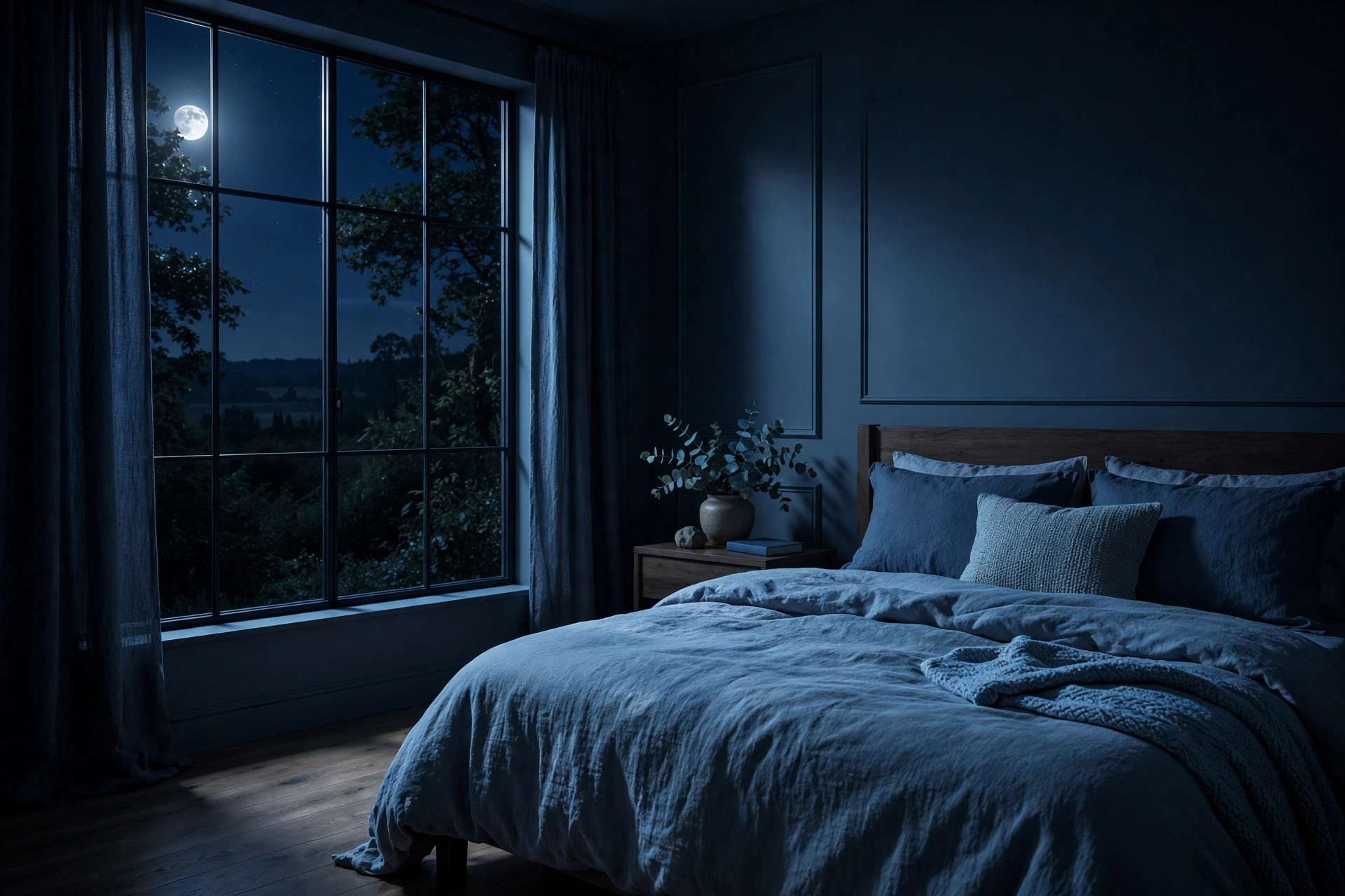 Dark, quiet bedroom at night illustrating how to sleep better