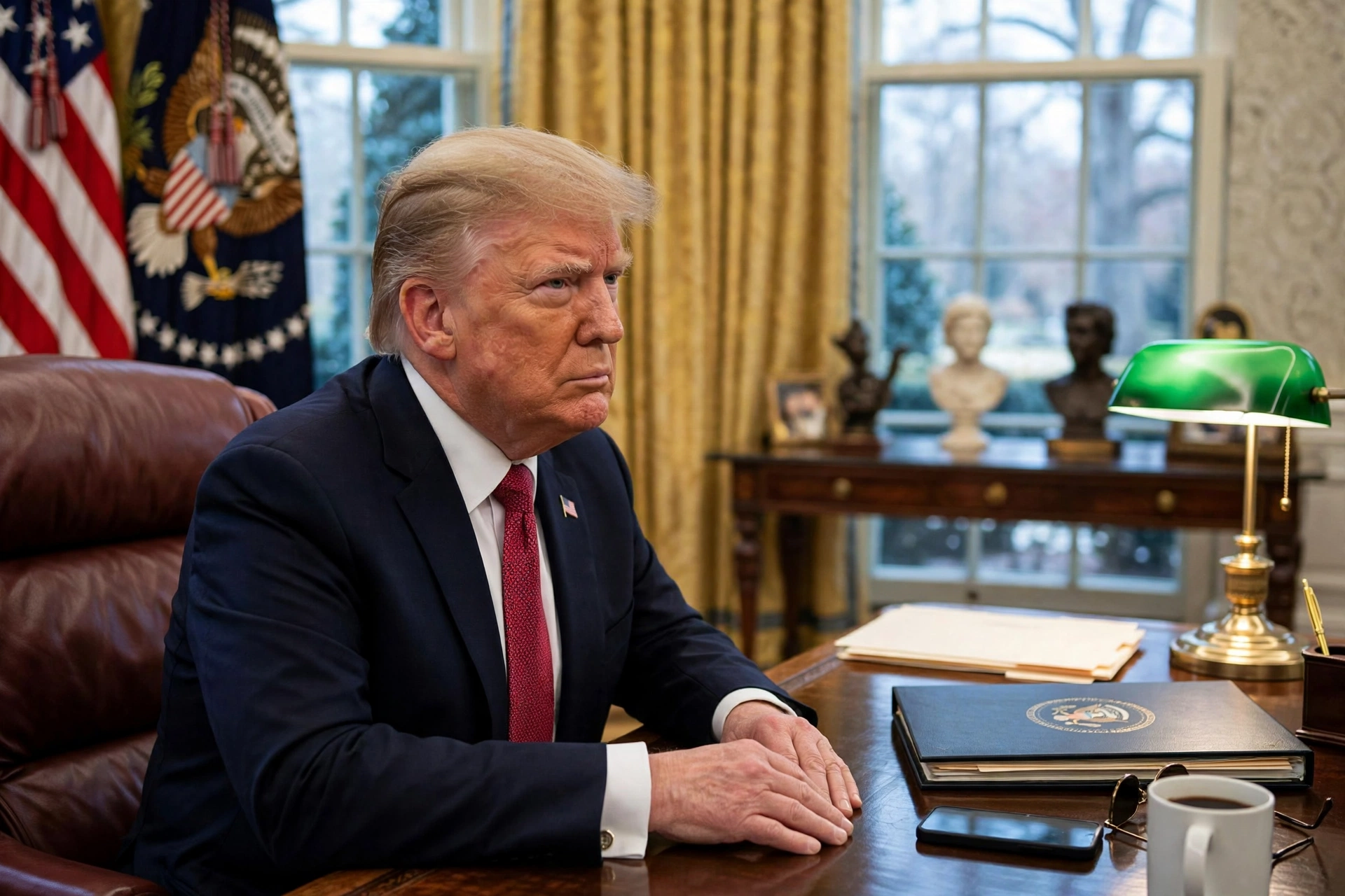 Donald Trump seated at the Resolute Desk in the Oval Office amid reports he is considering firing chief of staff Susie Wiles