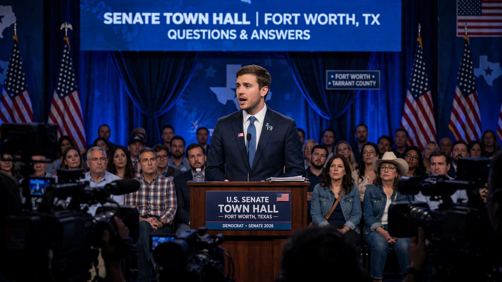 Talarico town hall: James Talarico speaking at the CNN town hall in Fort Worth, Texas during the 2026 Texas Senate race