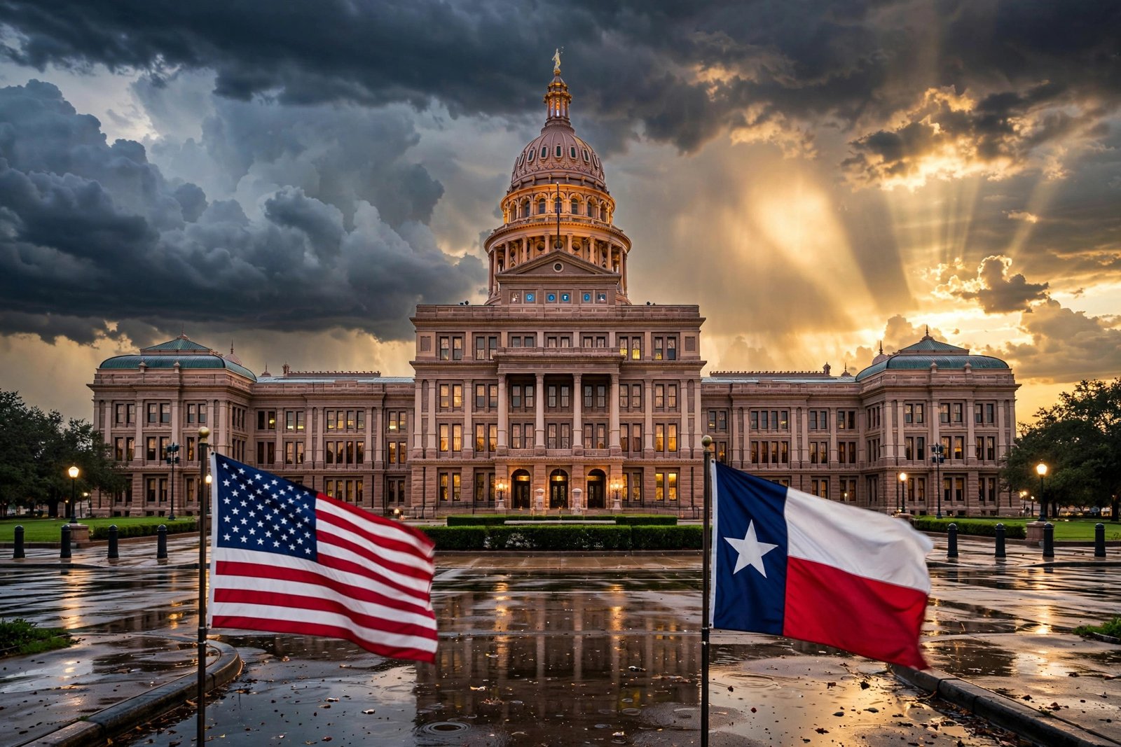 Texas Senate race: Texas State Capitol at dusk with US and Texas flags.