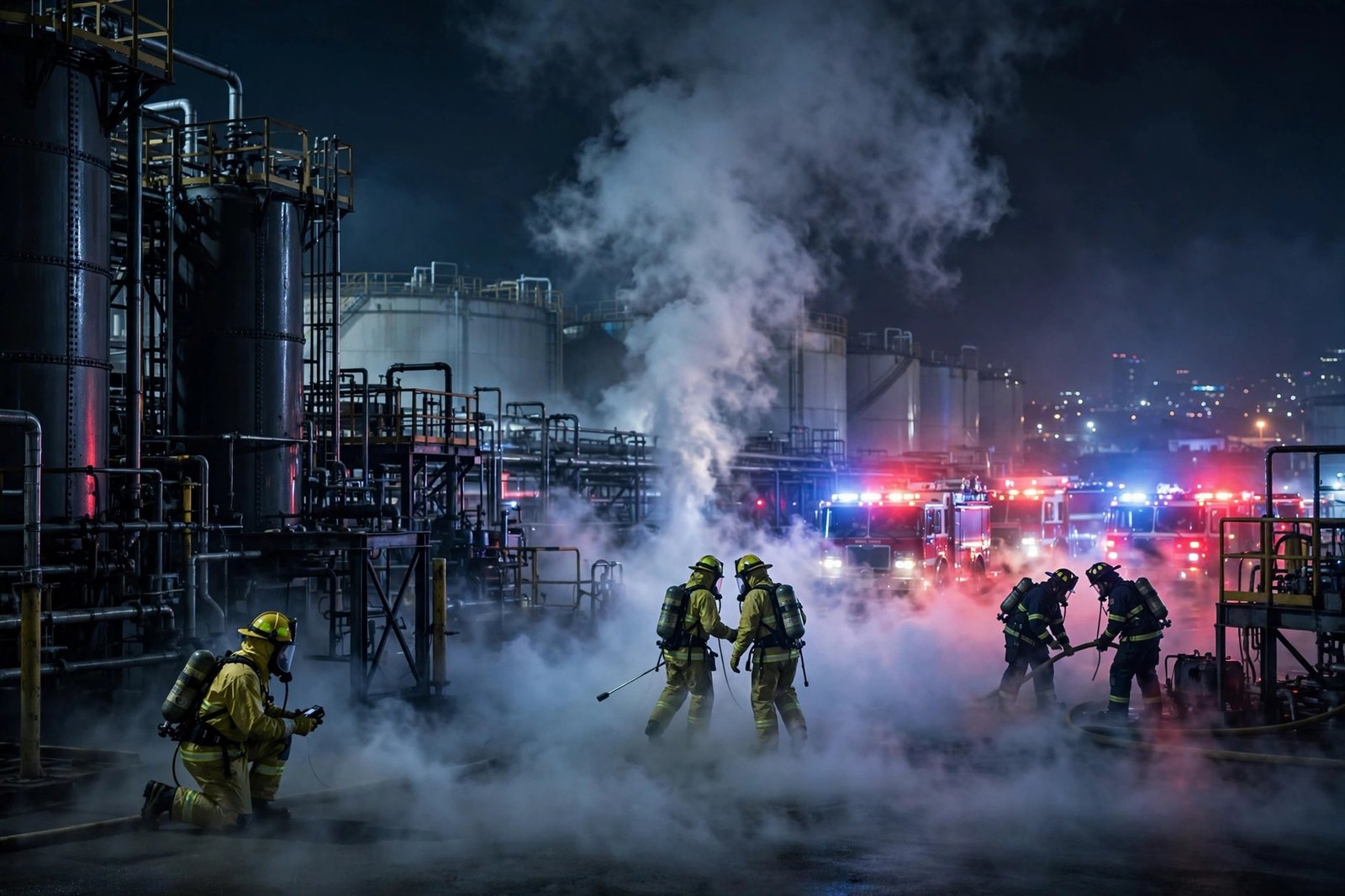 Toledo chemical leak — AI-generated photo of hazmat crews responding to a chemical release at an industrial tank terminal at night