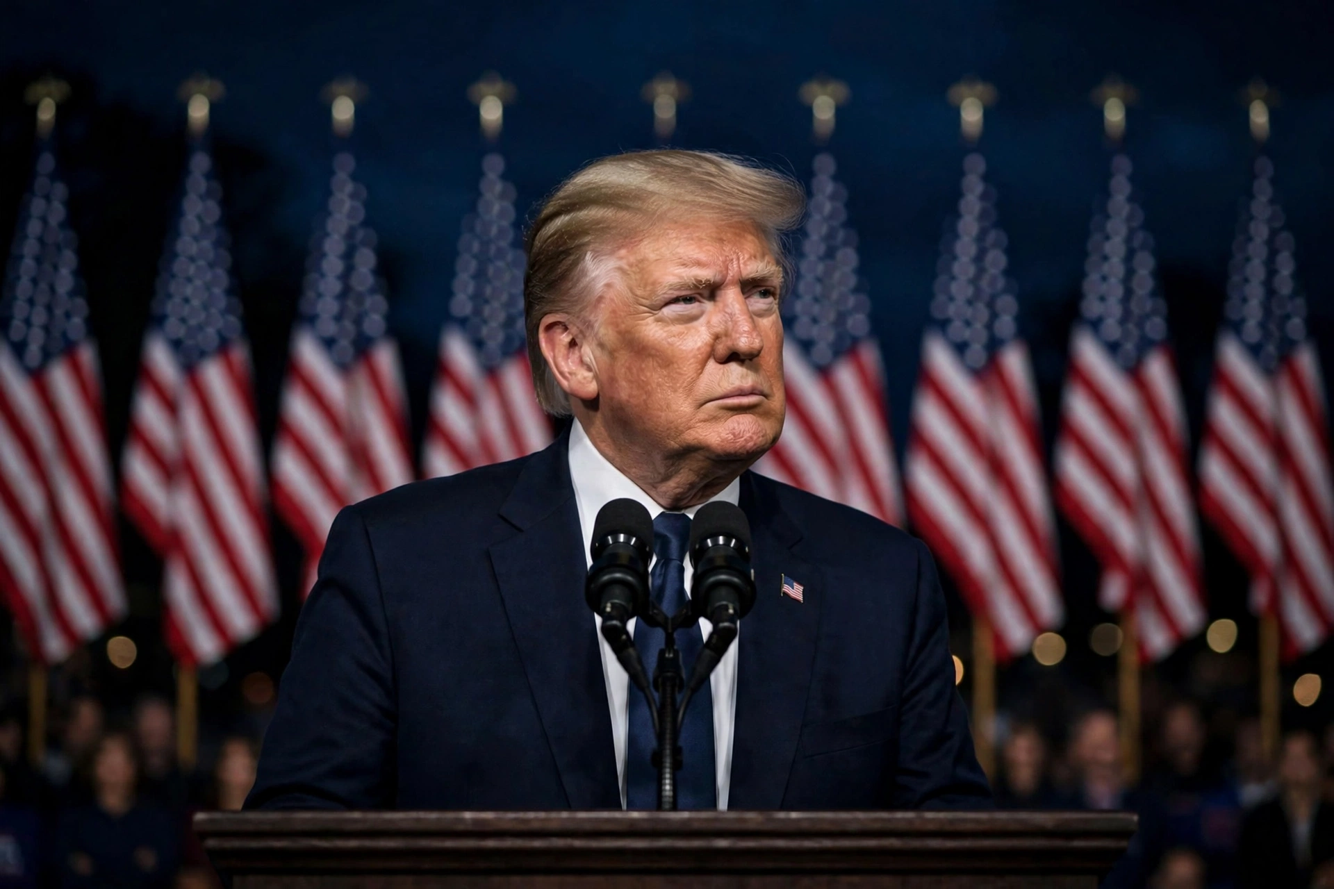 Trump approval rating: Donald Trump at a podium with American flags as a new Fox News poll puts his approval at a record-low 36%