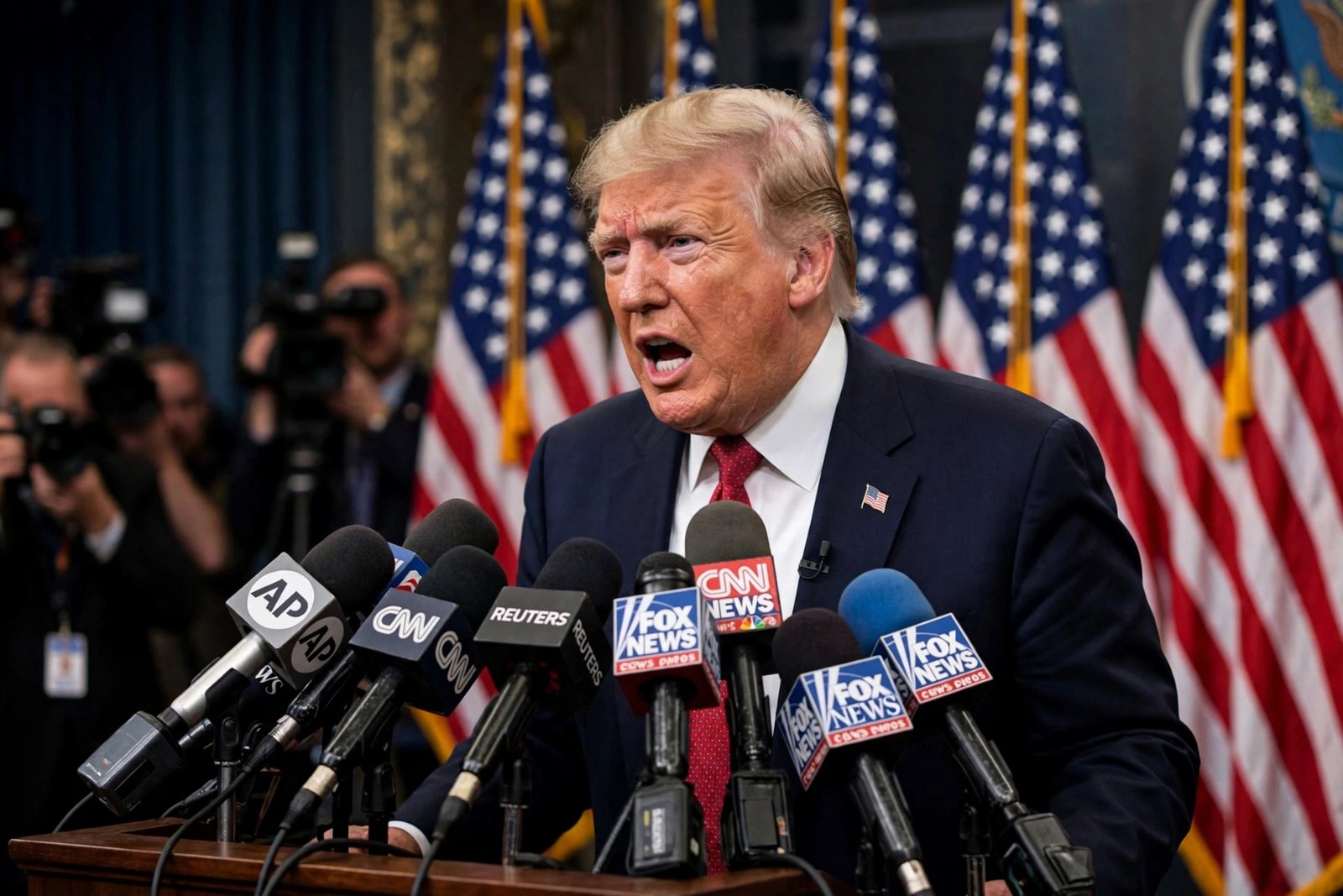 Donald Trump speaking at a podium with press microphones amid BBC deposition legal battle
