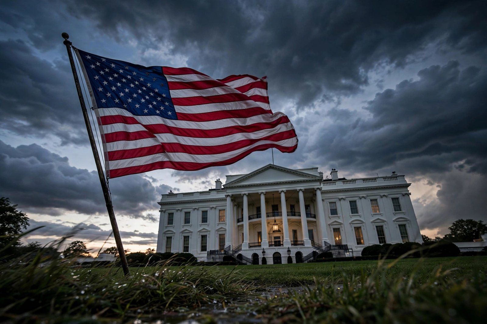 Trump executive power midterms: White House under storm clouds with American flag as President Trump touts executive power as his midterm pitch