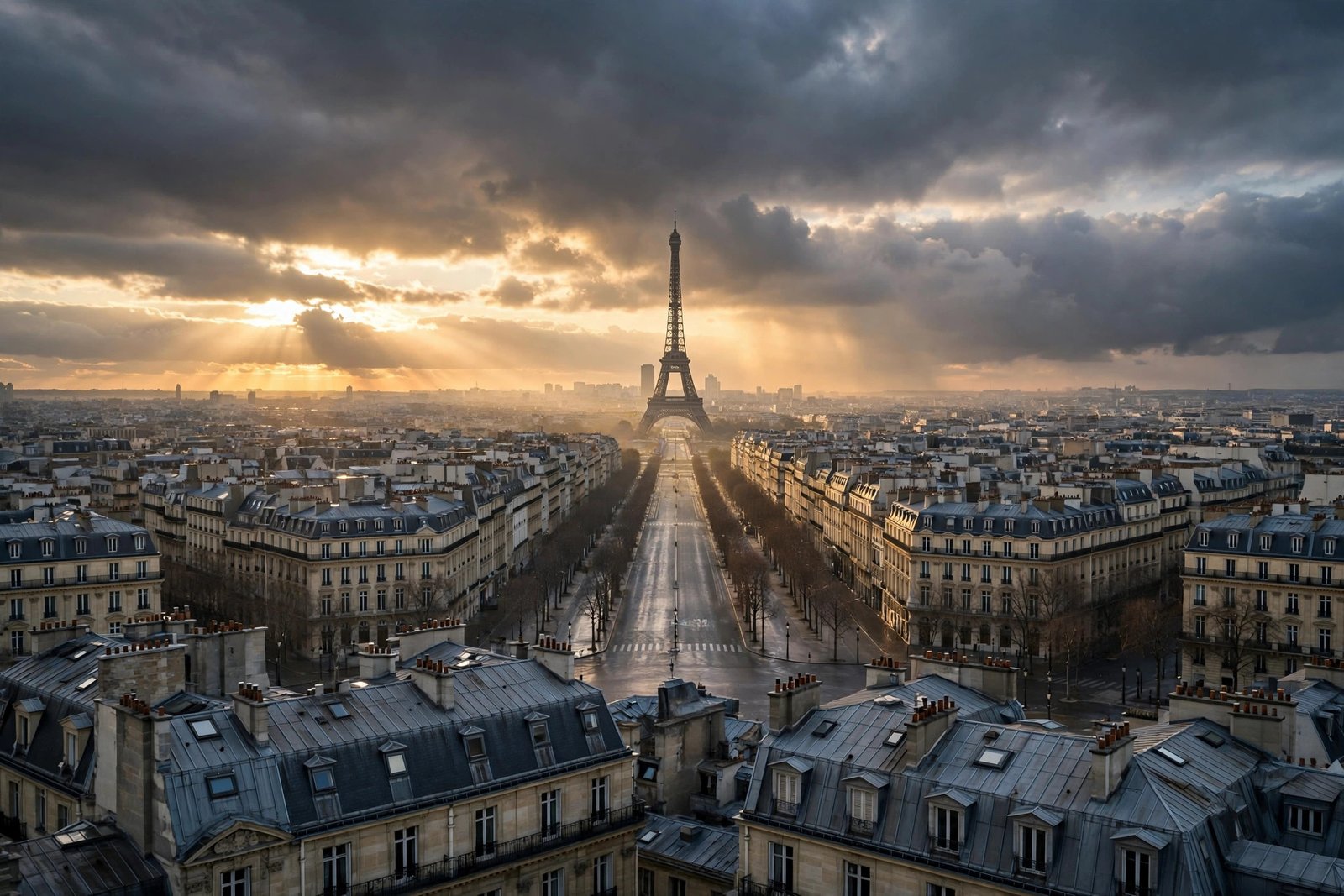 Trump France riots: Eiffel Tower over the Paris skyline at dawn under dark storm clouds (AI-generated editorial illustration)