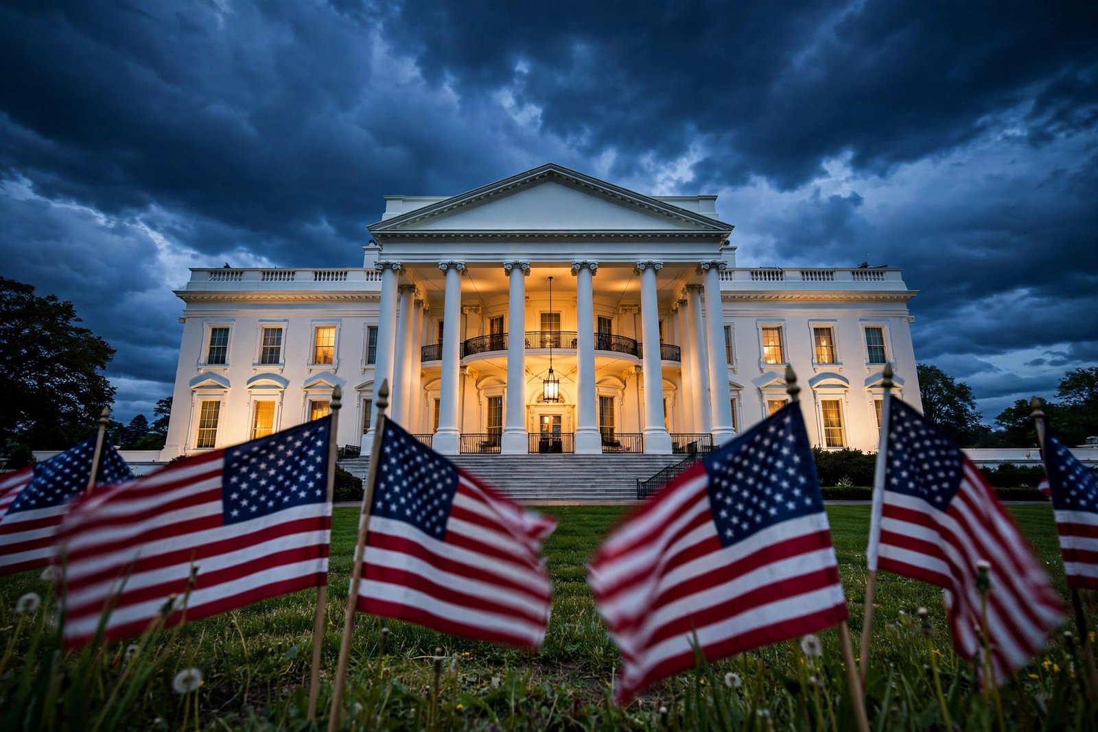White House at dusk with American flags - Trump fraud whistleblower program announcement