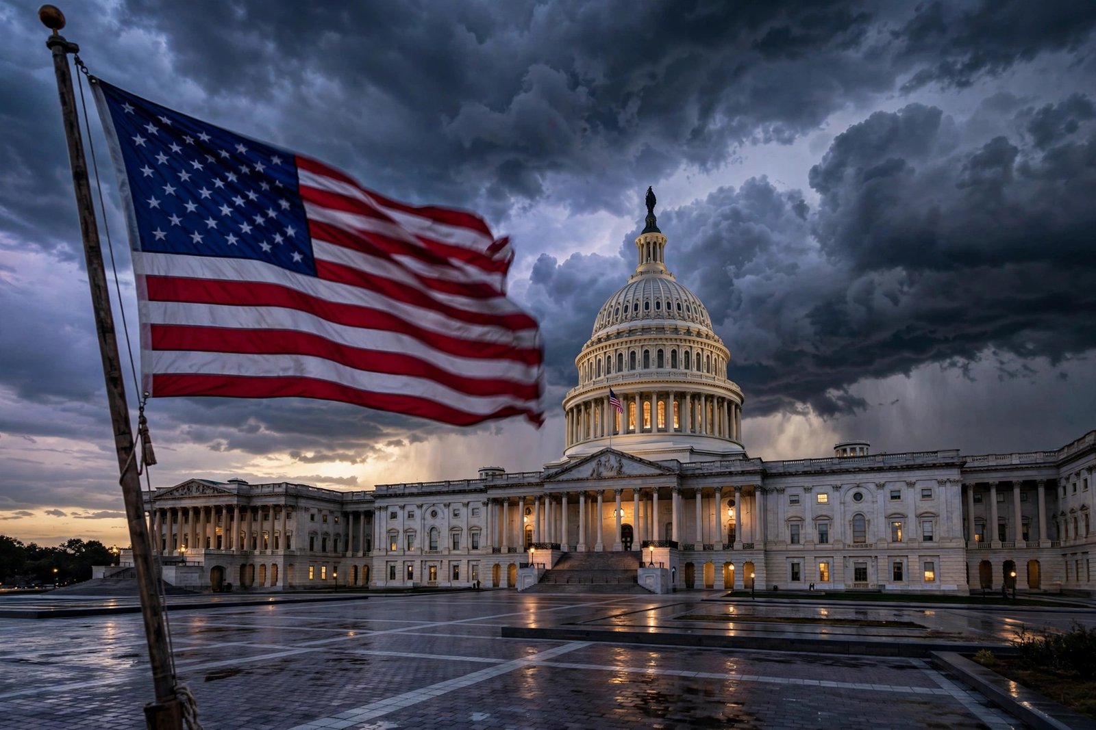 Vance SNAP fraud crackdown — AI-generated news photo of the US Capitol and American flag at dusk