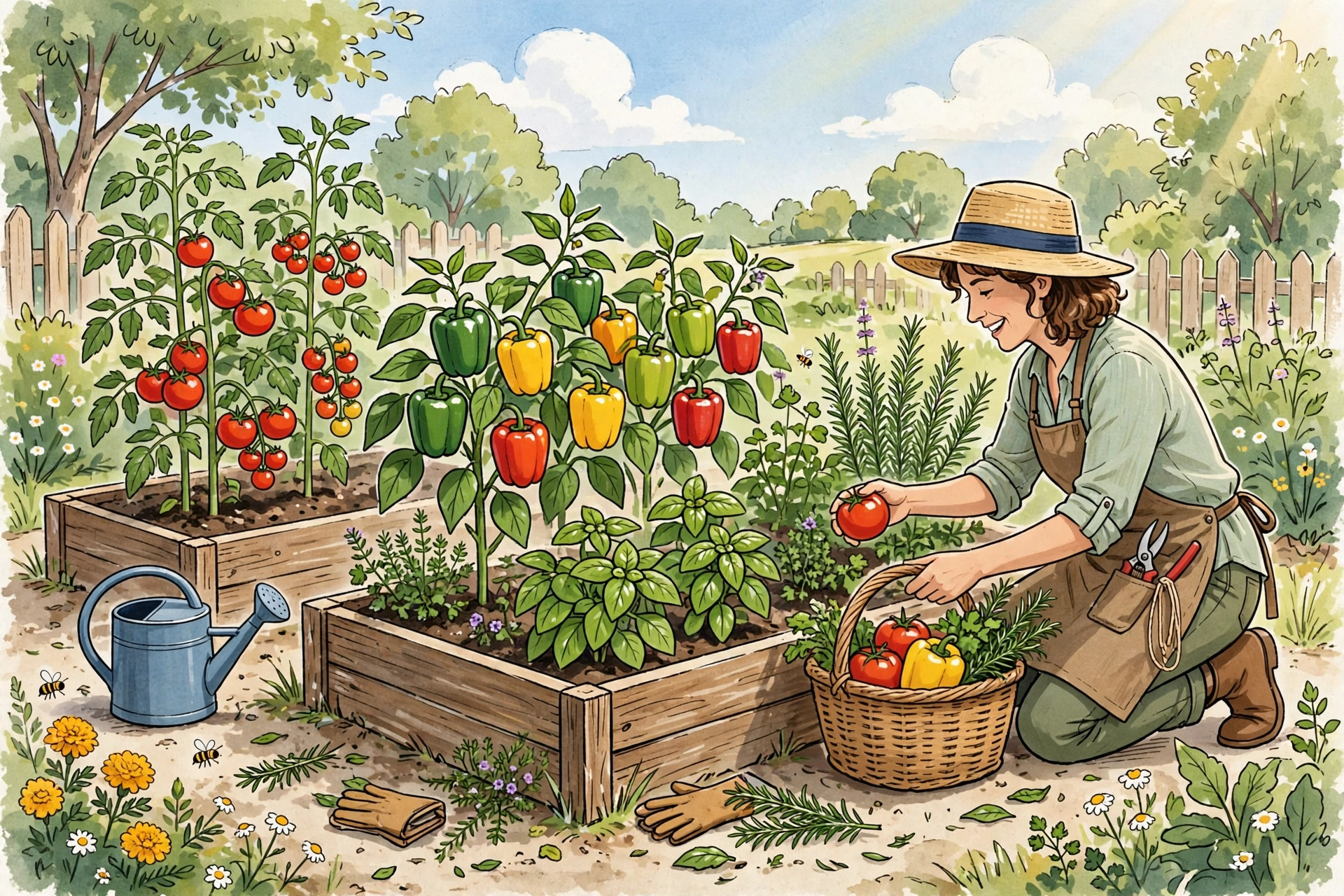 Gardener tending raised beds full of vegetables — vegetable gardening for beginners