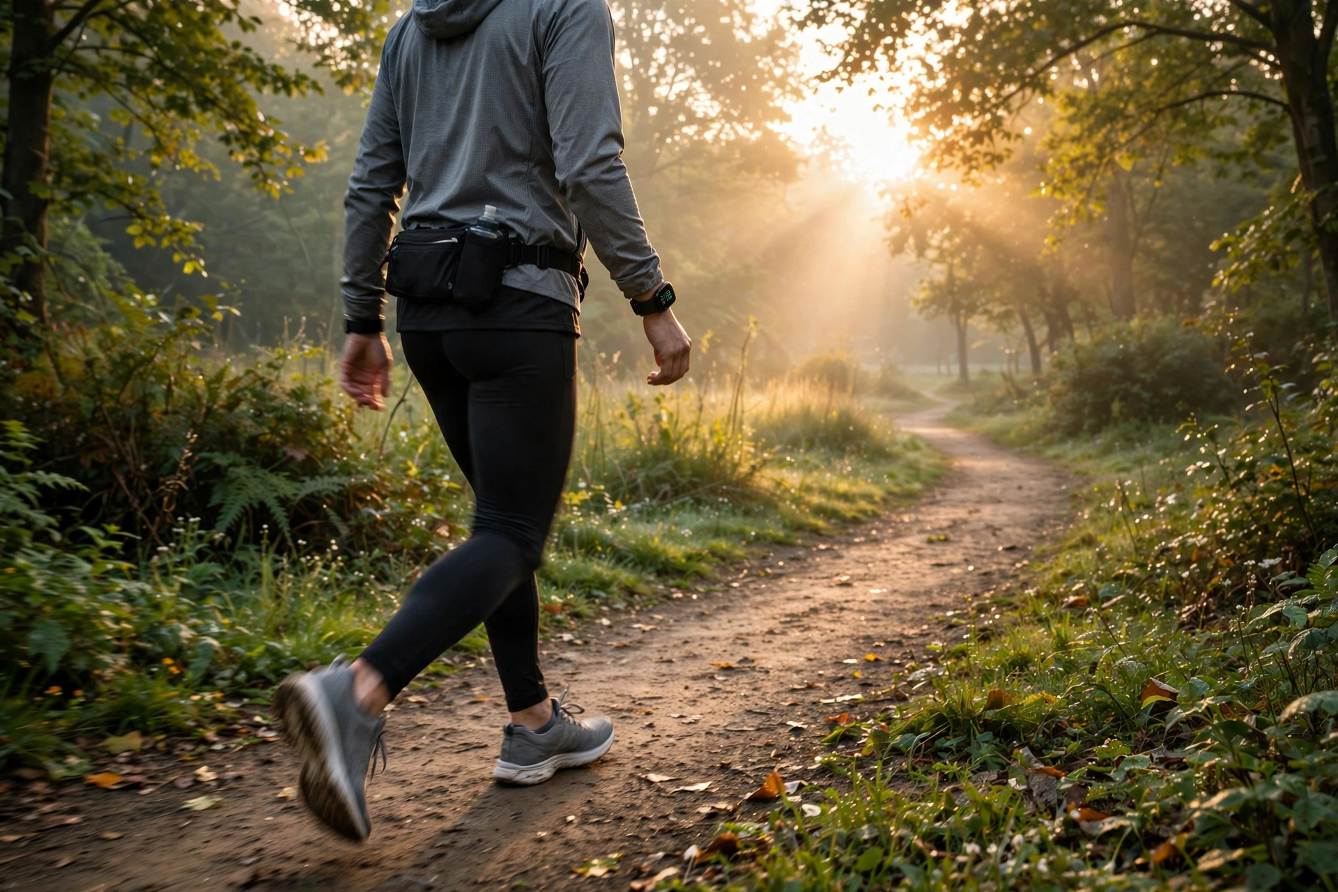 Person walking on a sunlit forest trail — walking 10000 steps benefits