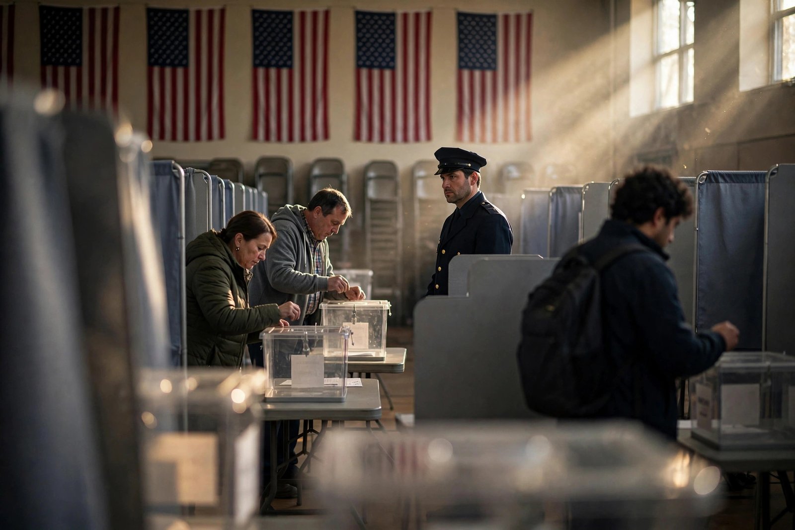 NAACP poll monitors lawsuit: AI-generated news photo of a US polling station with voting booths, American flags and a federal official observing voters.