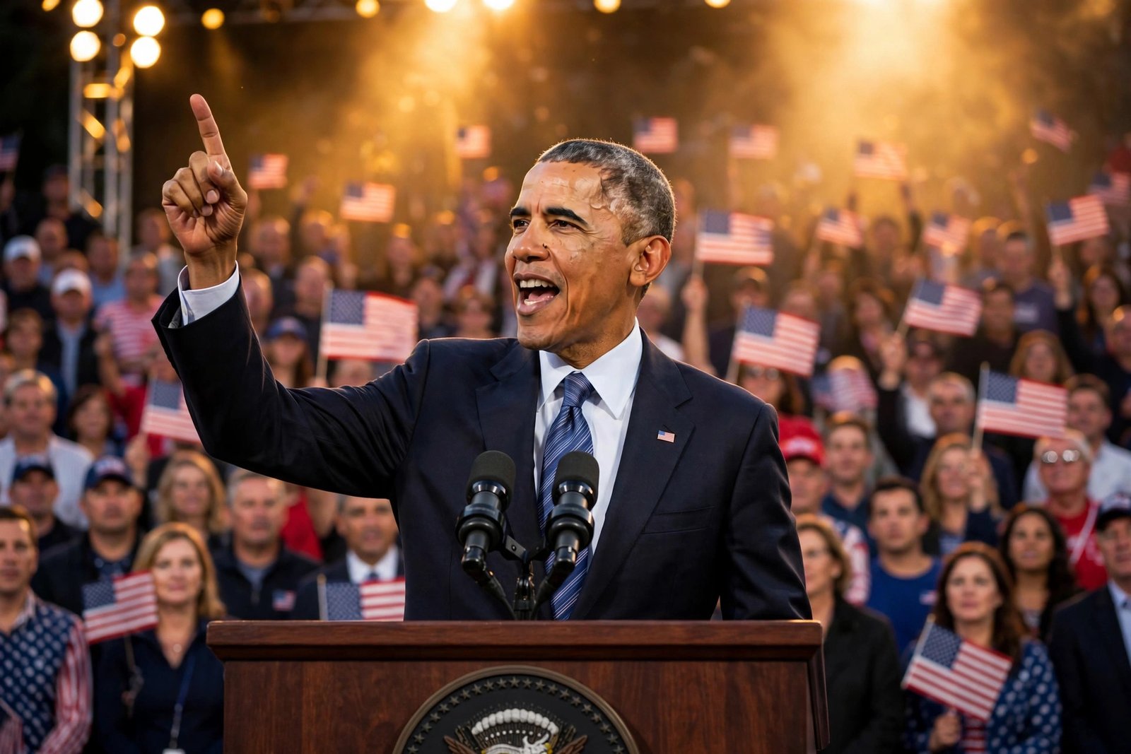 Obama midterm rallies — AI-generated news photo of former President Barack Obama speaking passionately at a campaign rally podium before a large crowd waving American flags